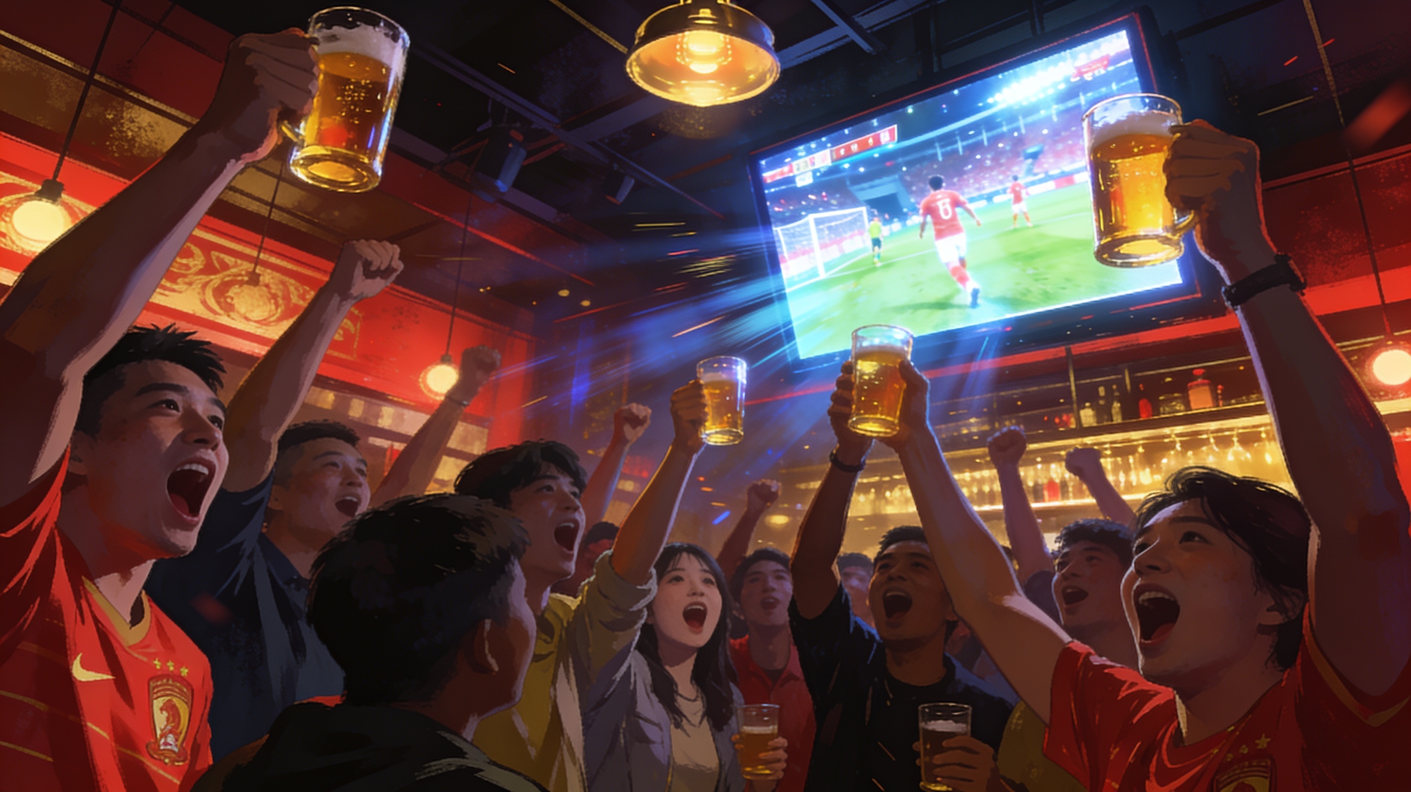 A Guangzhou fan bar erupting with cheers as their team scores, beer glasses raised, a big TV screen glowing over the crowd.