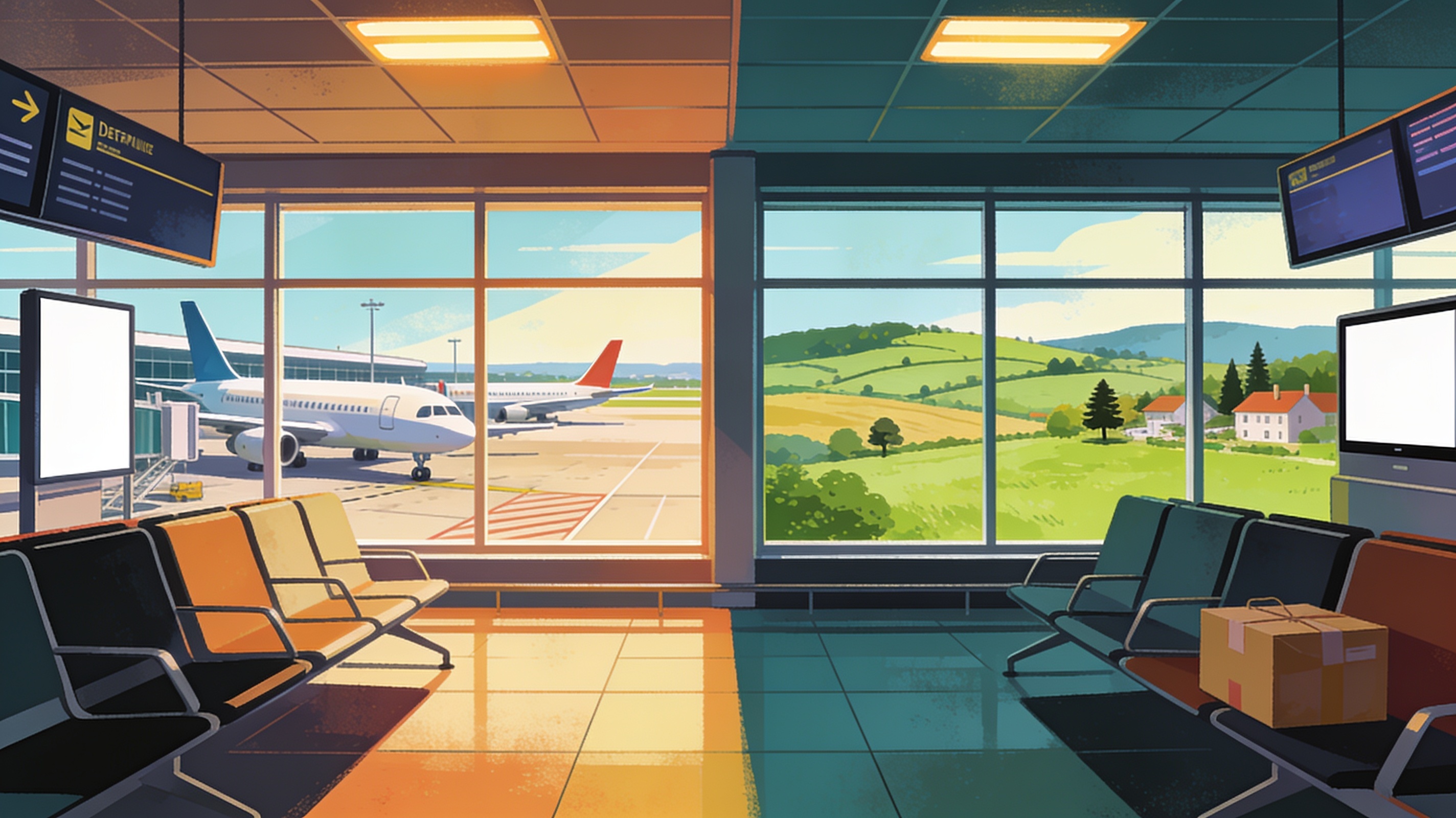 An airport departure hall with planes visible through large windows on one side and quiet countryside greenery visible from another angle, symbolizing the contrast of a suburban airport district, cinematic editorial illustration, no text