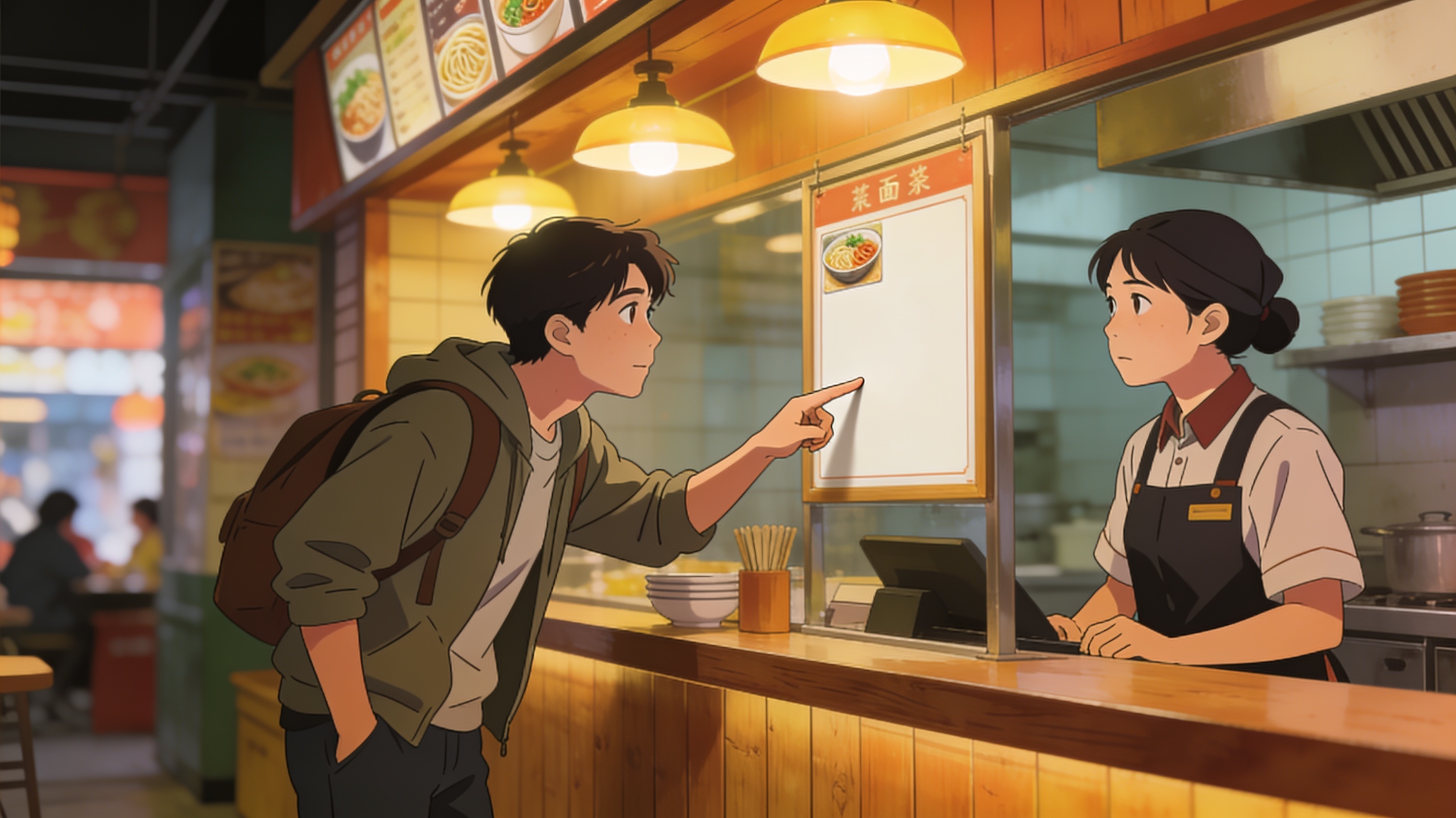 A customer giving a simple minimal order to a noodle shop cashier, pointing at just one item on the menu board, cinematic editorial illustration, no text