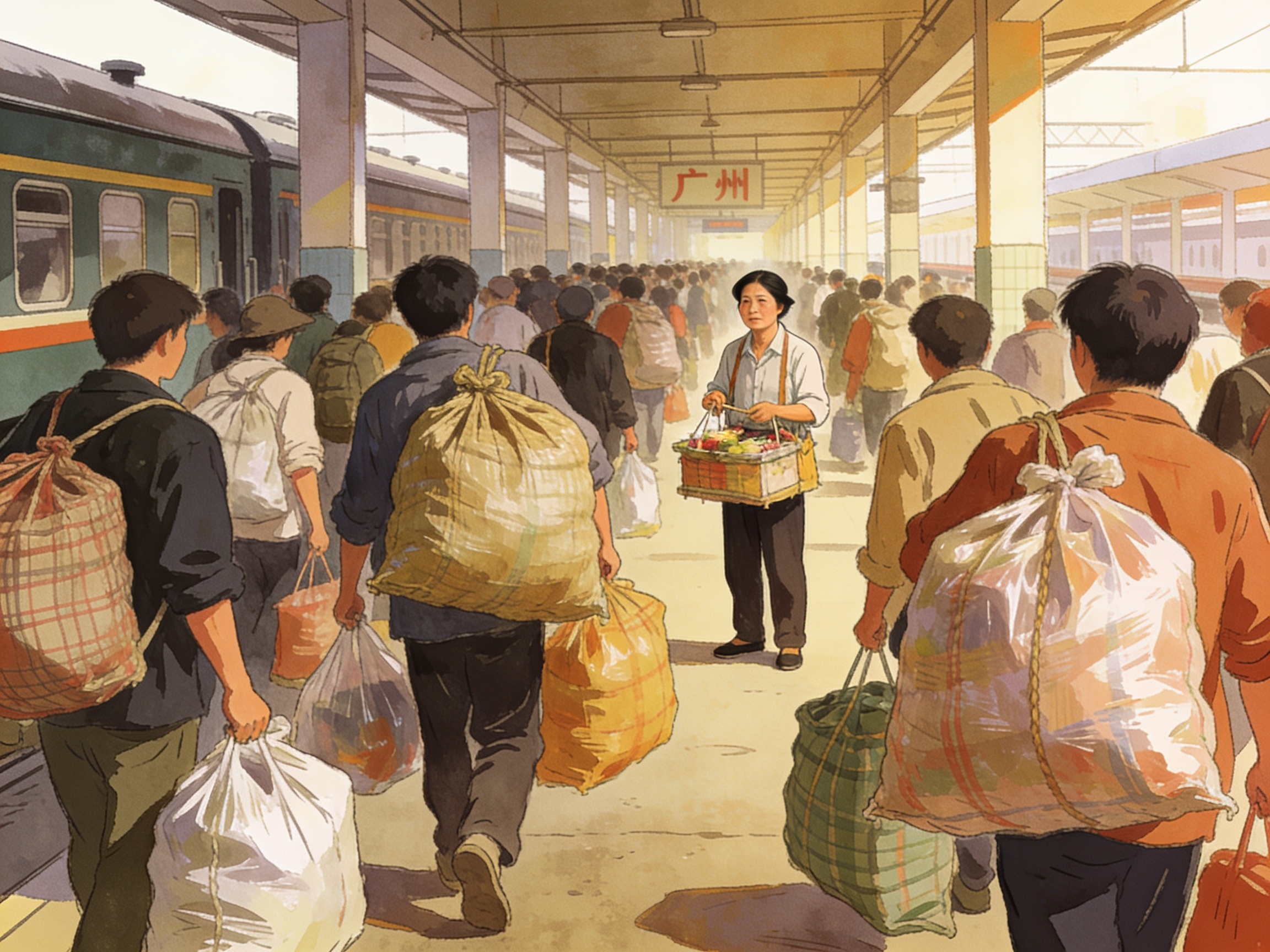 A crowded 1990s Guangzhou train station platform with migrant workers from all over China arriving with large woven plastic bags, a local Cantonese vendor watching from a distance, documentary photo style, cinematic editorial illustration, no text