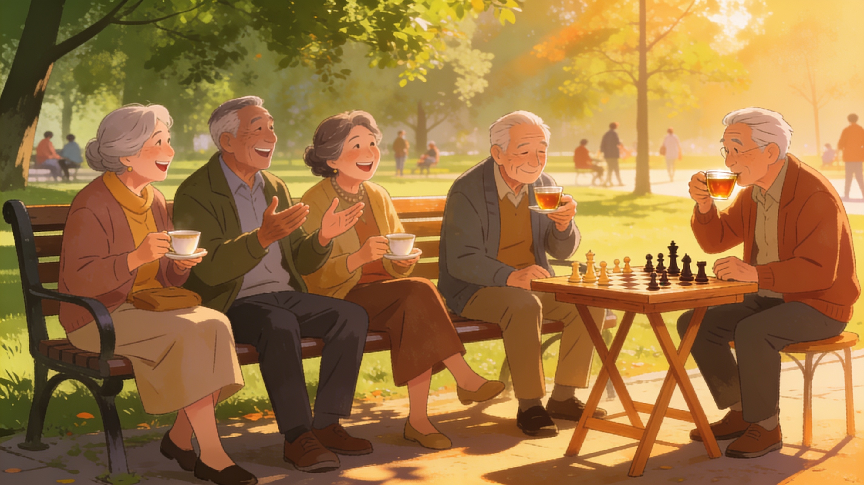 A group of elderly friends chatting happily on a park bench in the morning, playing chess and sipping tea together, warm community bonding, cinematic editorial illustration, no text