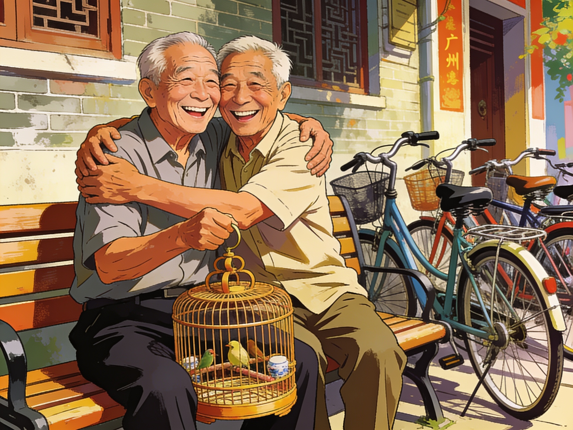 Two elderly men on a bench in Guangzhou's Liwan district hugging with big smiles, one holding a birdcage, bicycles parked beside them.