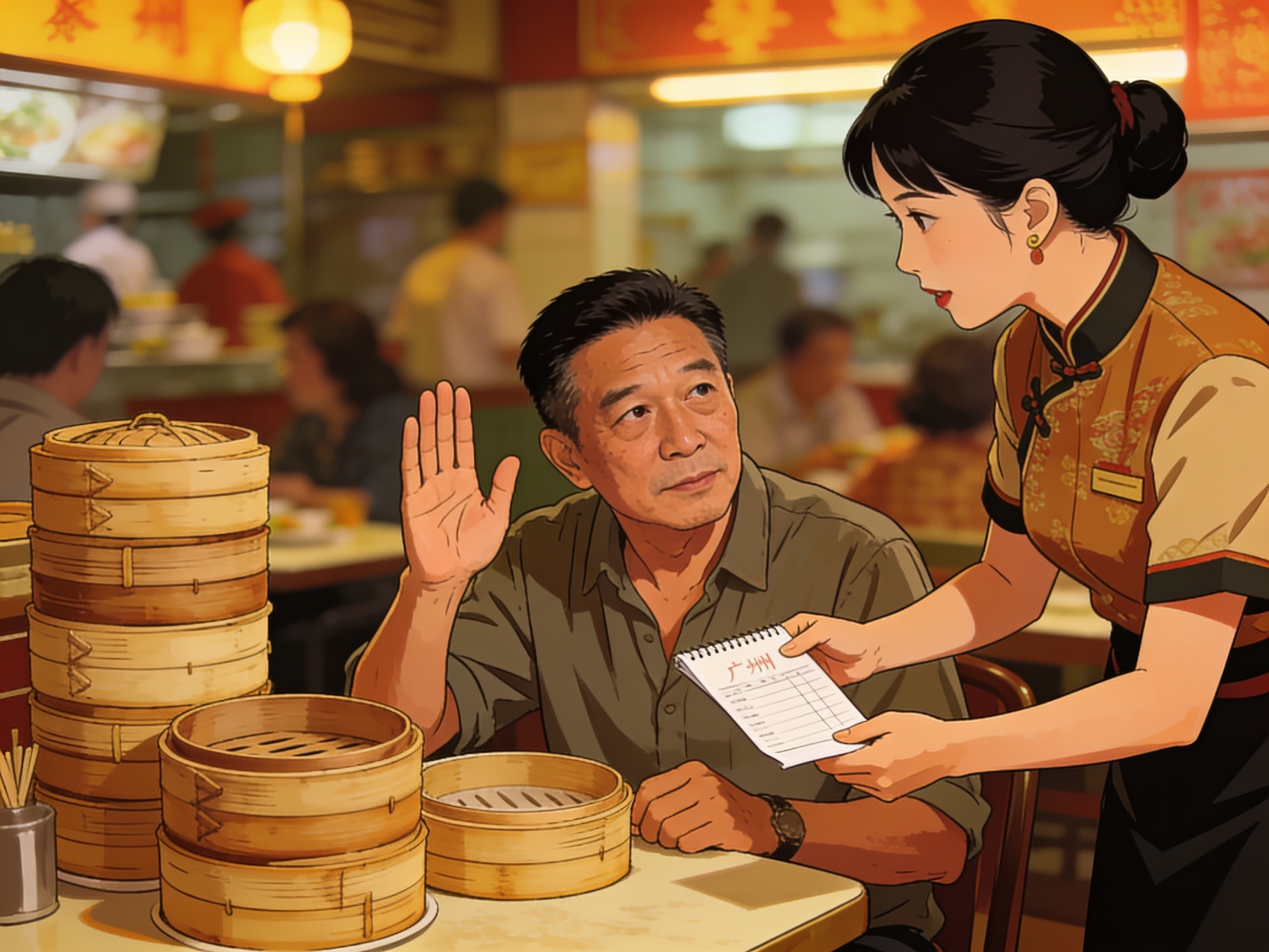 A middle-aged Guangzhou uncle raising his hand for the bill at a busy dim sum restaurant, waitress with a receipt pad approaching, empty baskets stacked high.