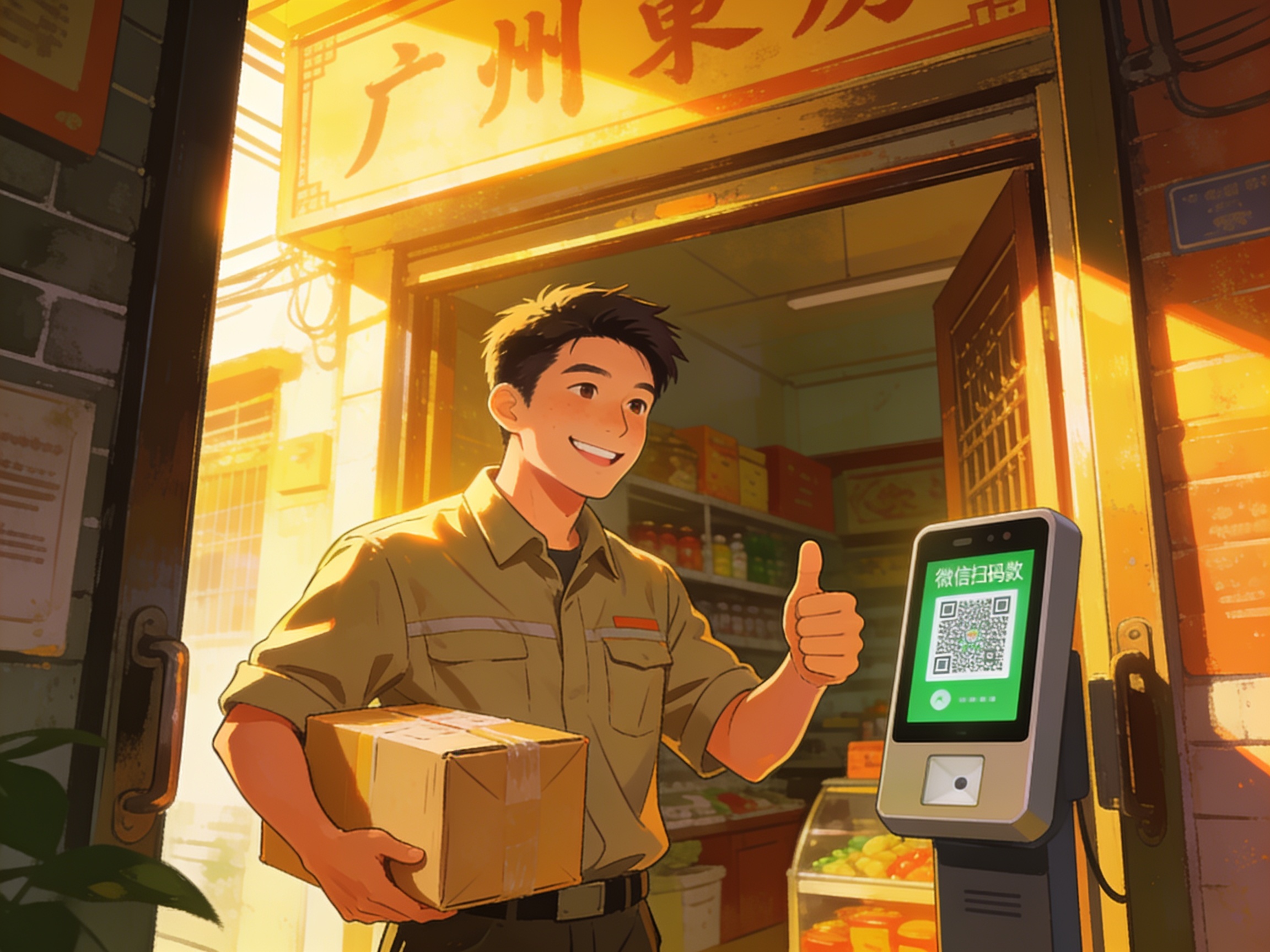 A young Guangzhou courier smiling and giving a thumbs up while accepting a package at a WeChat scan reader, morning sunlight in a shophouse doorway.