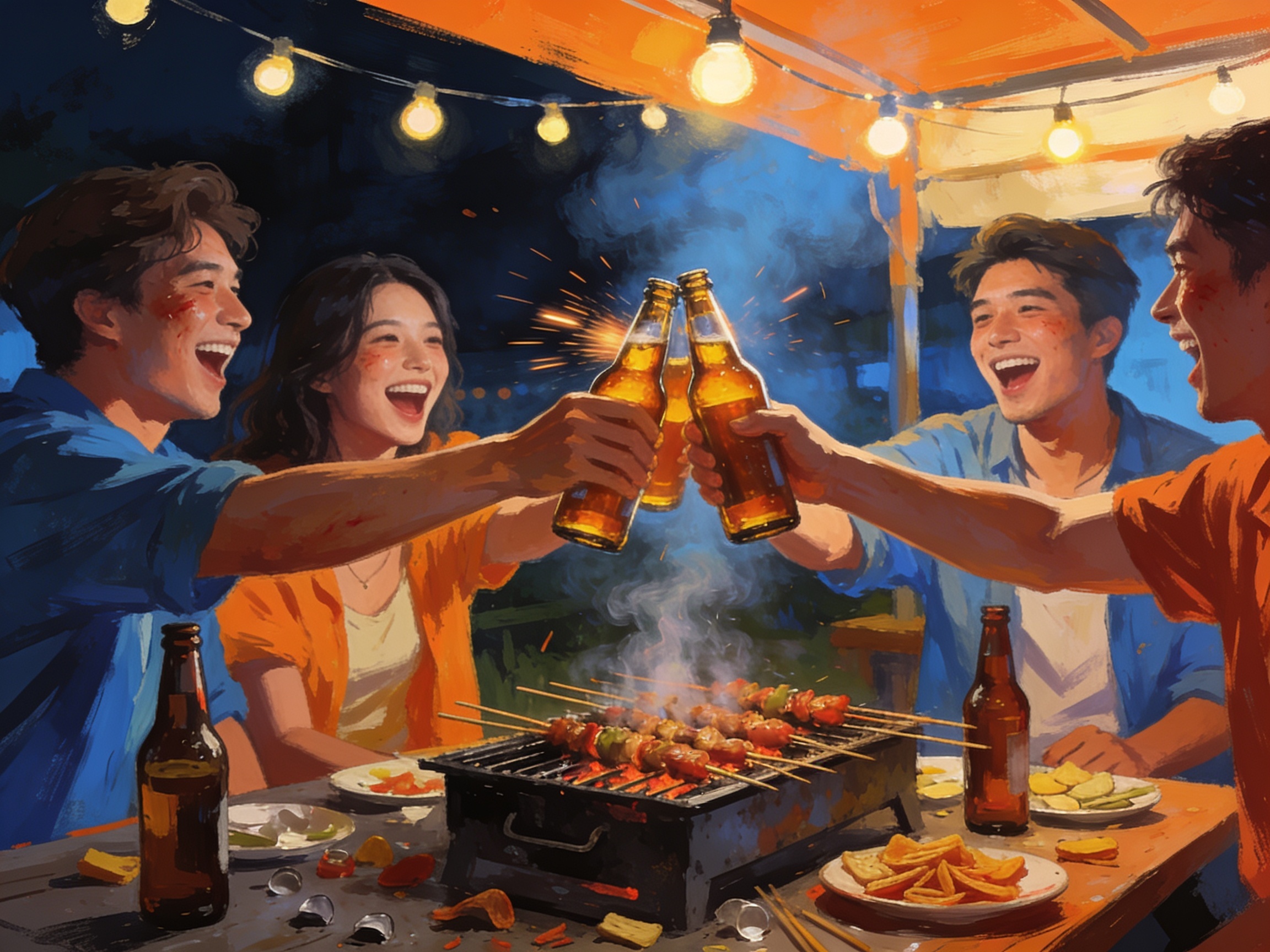 A group of friends enthusiastically clinking beer bottles together at an outdoor barbecue stall late at night, boisterous energy, cinematic editorial illustration, no text