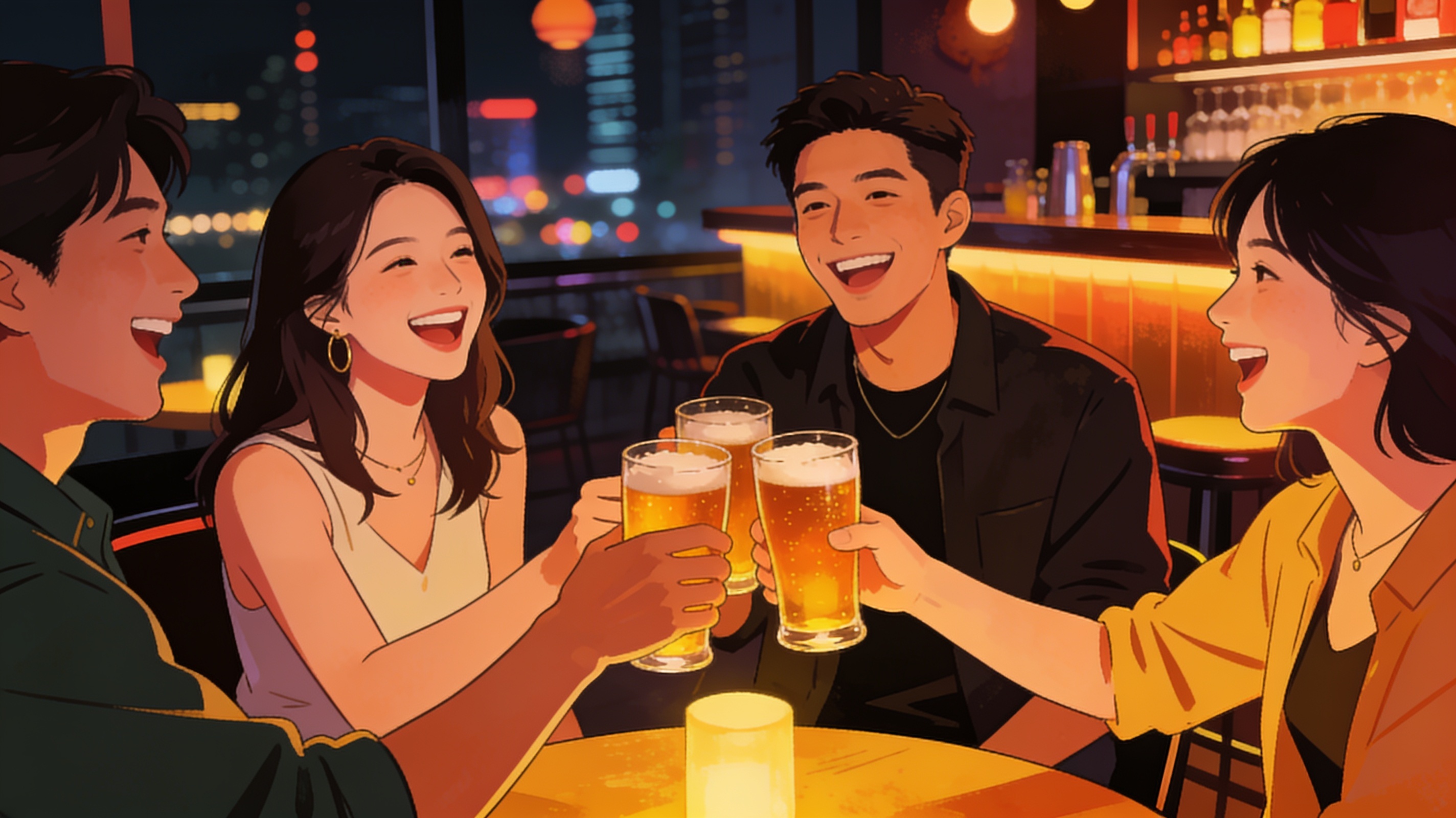 A group of young friends laughing and clinking craft beer glasses at a trendy bar in Zhujiang New Town at night, vibrant nightlife atmosphere, cinematic editorial illustration, no text