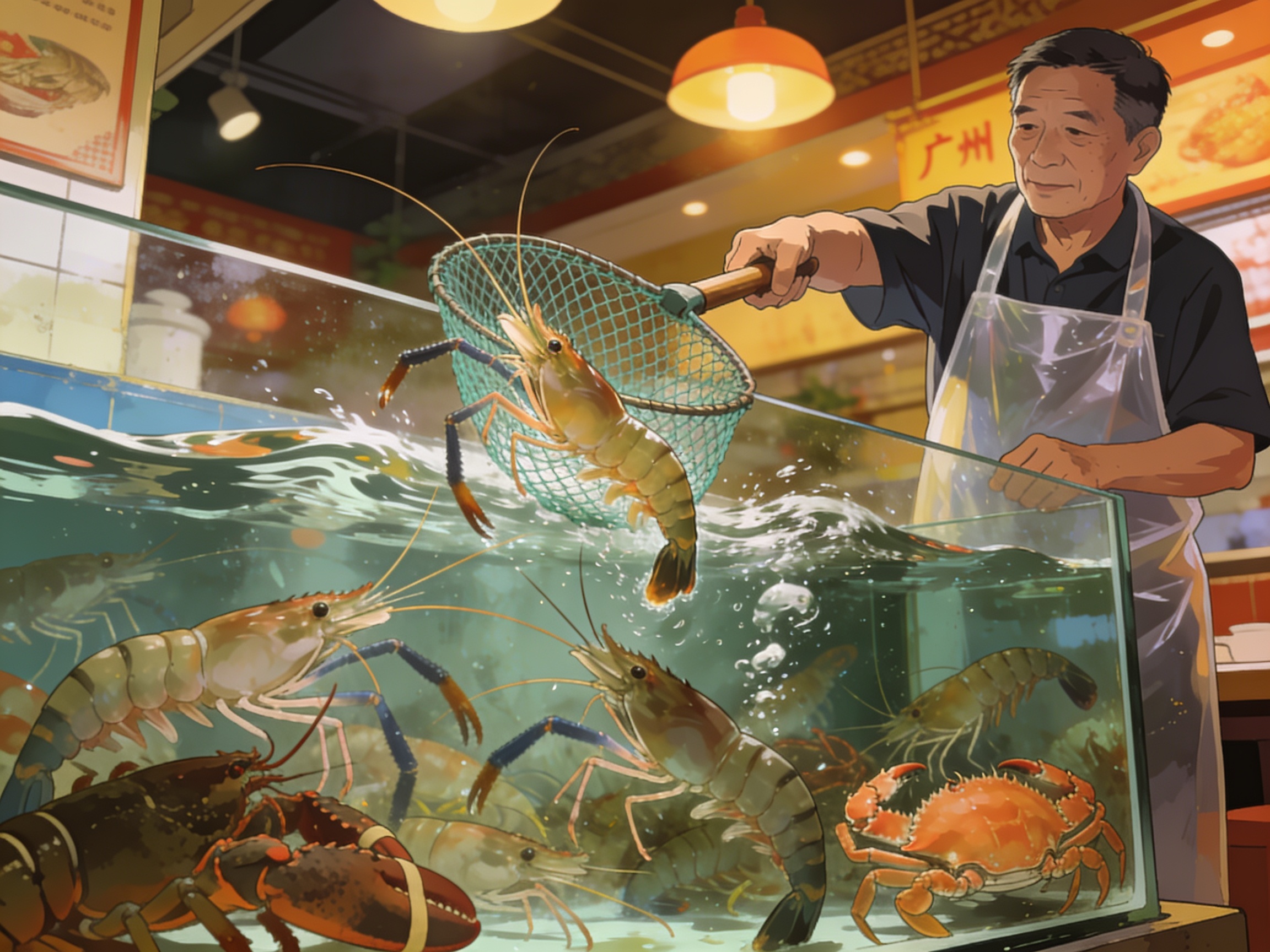 A Guangzhou seafood restaurant tank at eye level with prawns and crabs jostling, an uncle in a plastic apron netting one out, warm restaurant light.