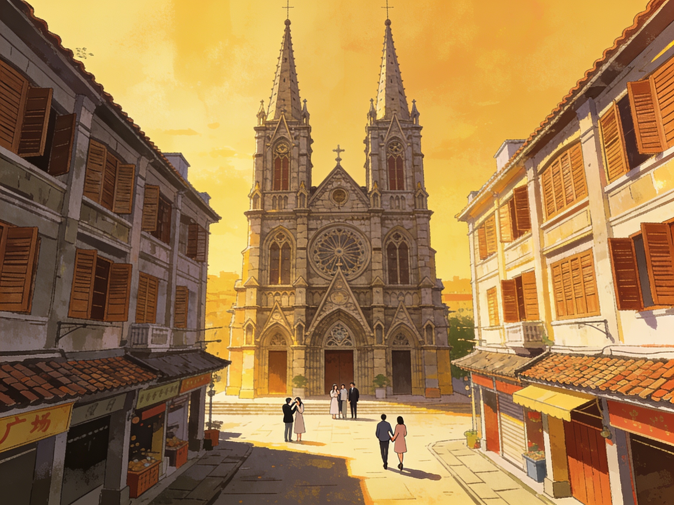 A towering Gothic granite cathedral with twin spires rising above old shophouse rooftops in central Guangzhou, couples taking photos outside, cinematic editorial illustration, no text