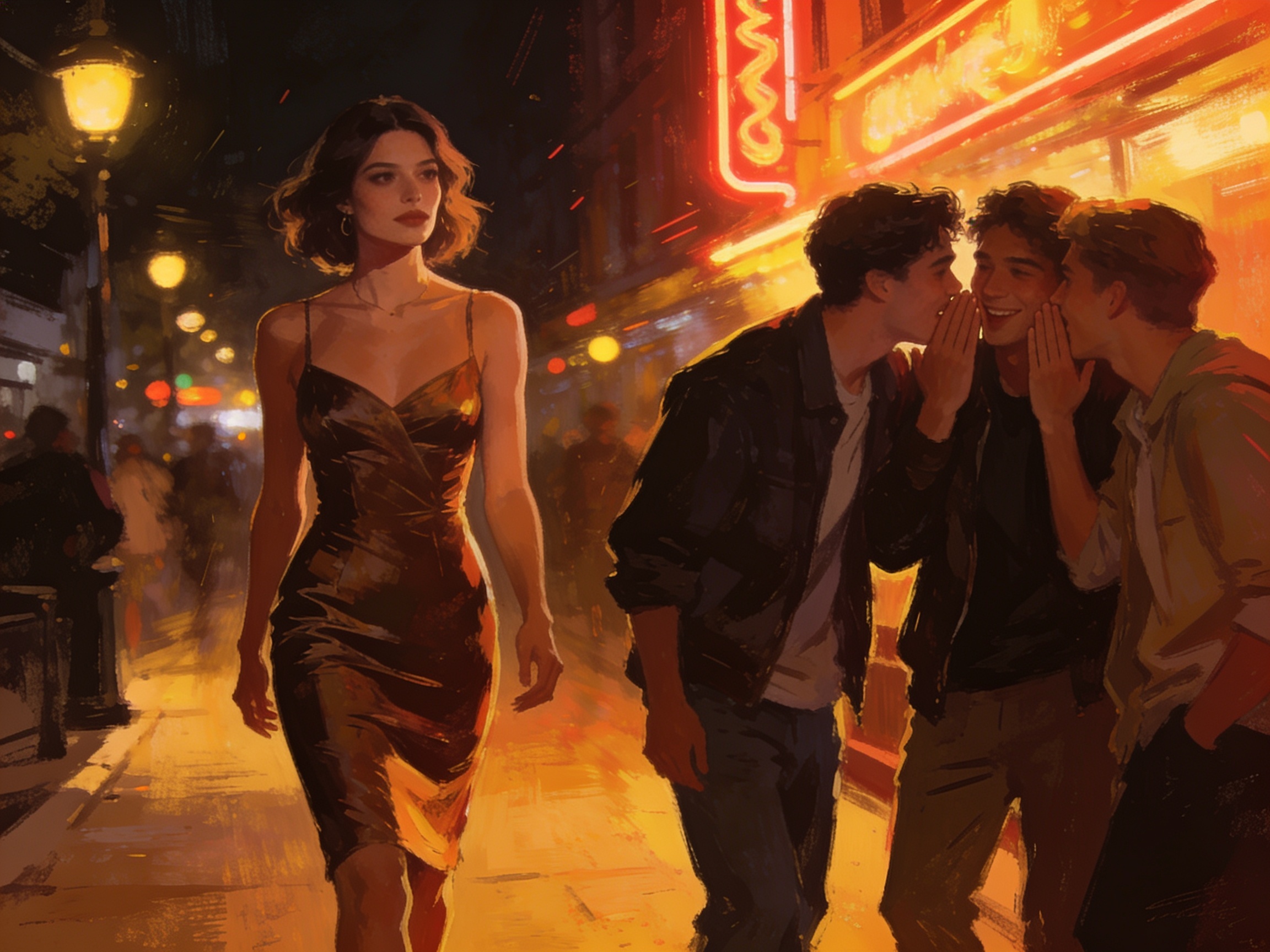 A group of friends whispering admiring comments about someone's stylish outfit walking by at a nightlife district, casual social commentary, cinematic editorial illustration, no text