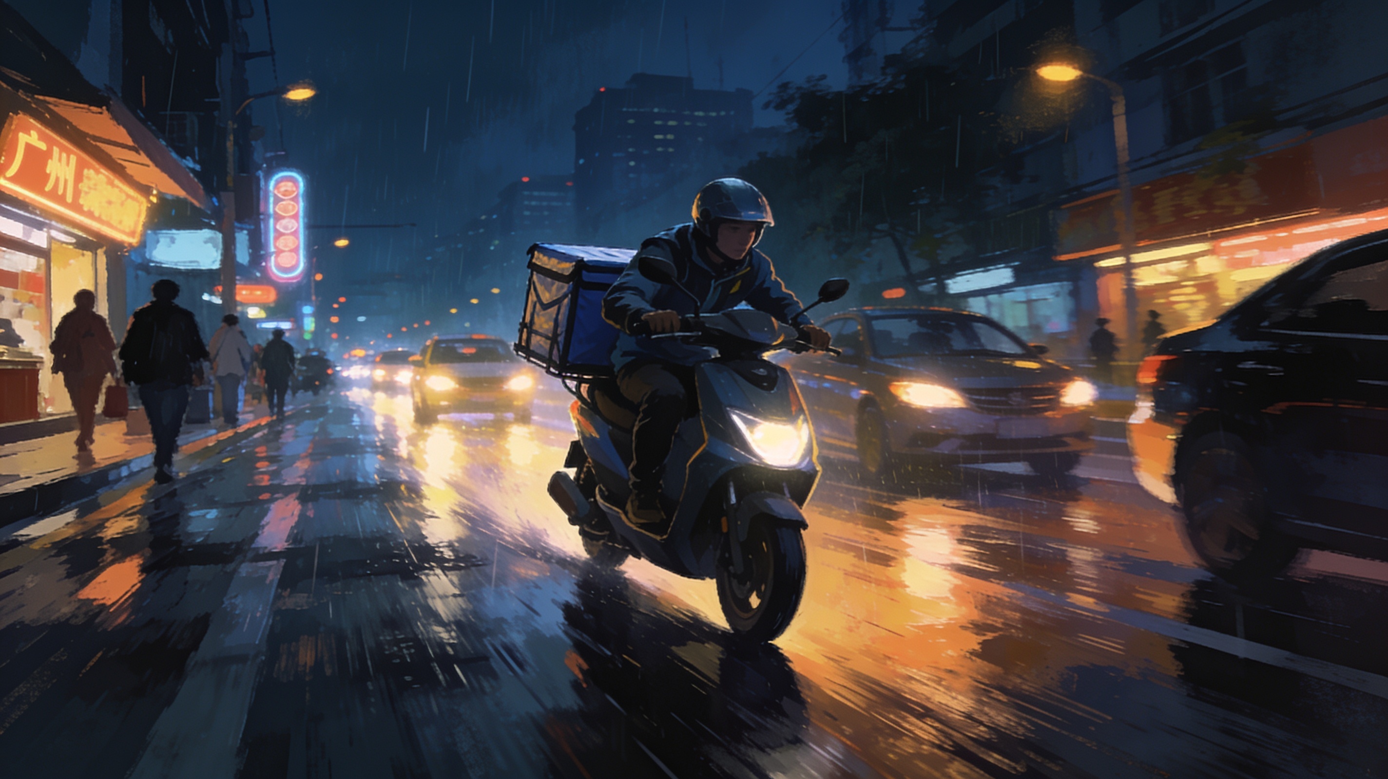 A delivery rider weaving through busy Guangzhou traffic on an electric scooter with an insulated food delivery box, racing against time under a rainy evening sky, cinematic editorial illustration, no text