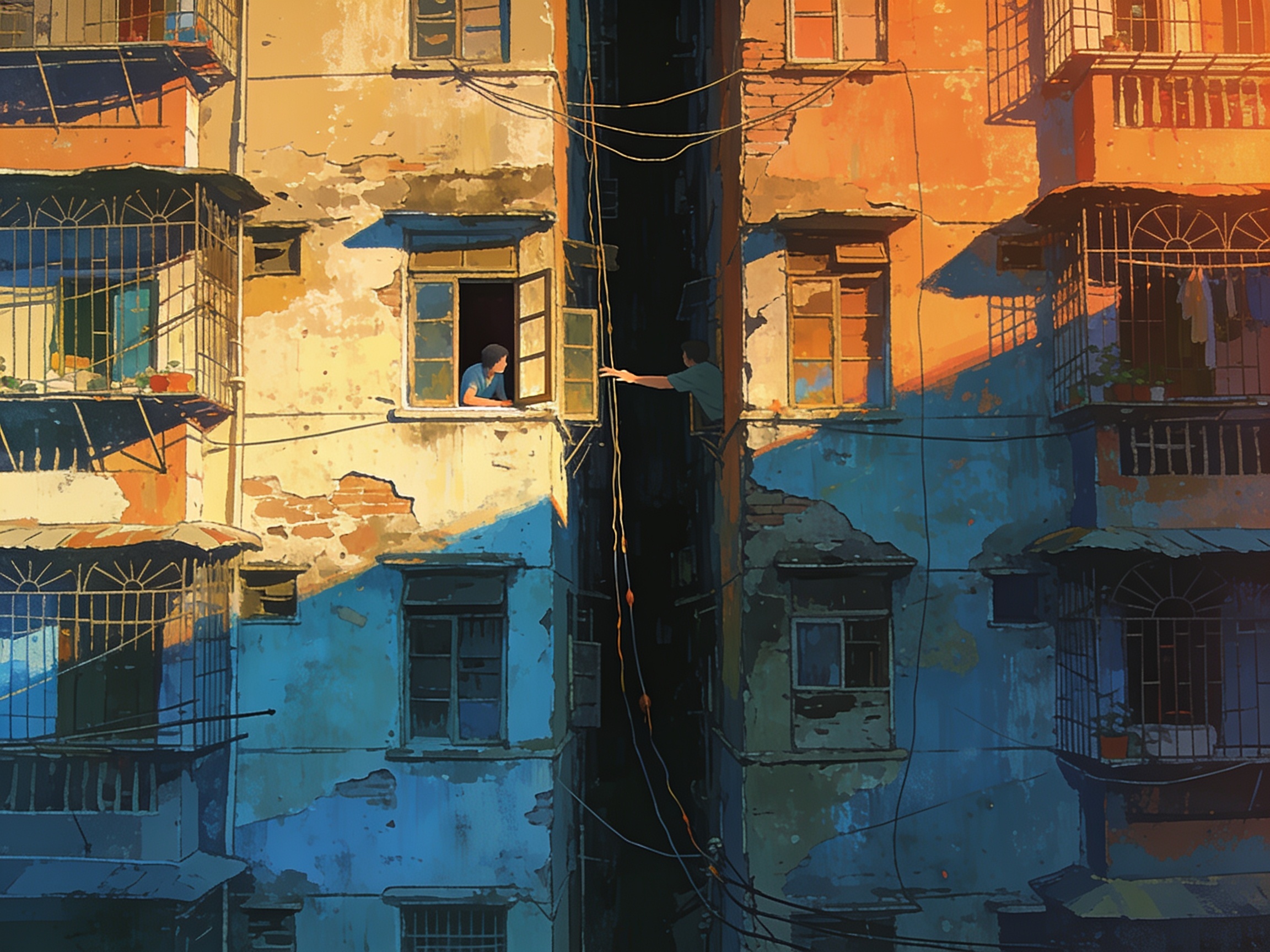 Two crumbling residential buildings so close together that a person could reach across from one window to the other, dim narrow gap between them with hanging wires, Guangzhou urban village architecture, cinematic editorial illustration, no text