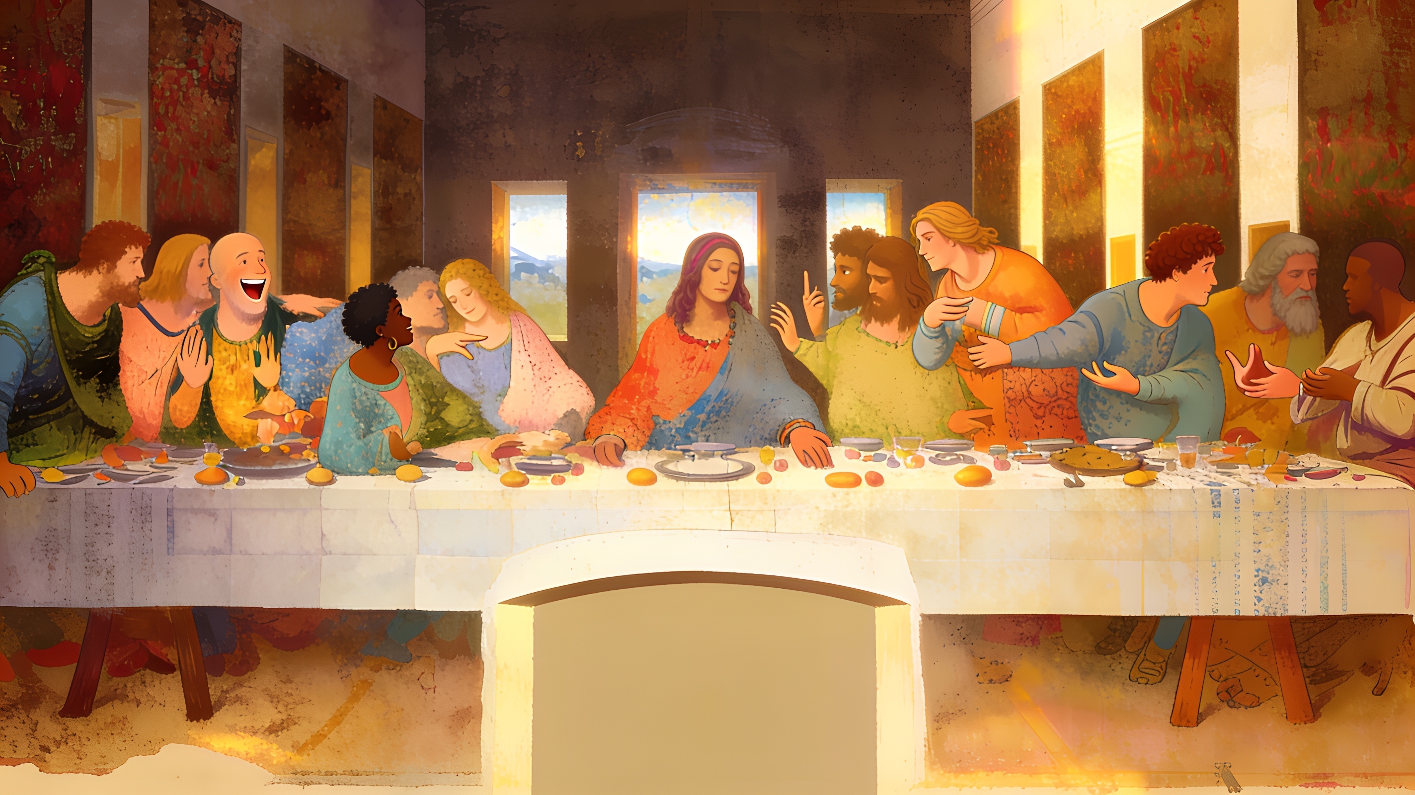 A diverse crowd of very different looking and behaving people all sharing the same dinner table, illustrating how varied human nature can be, cinematic editorial illustration, no text