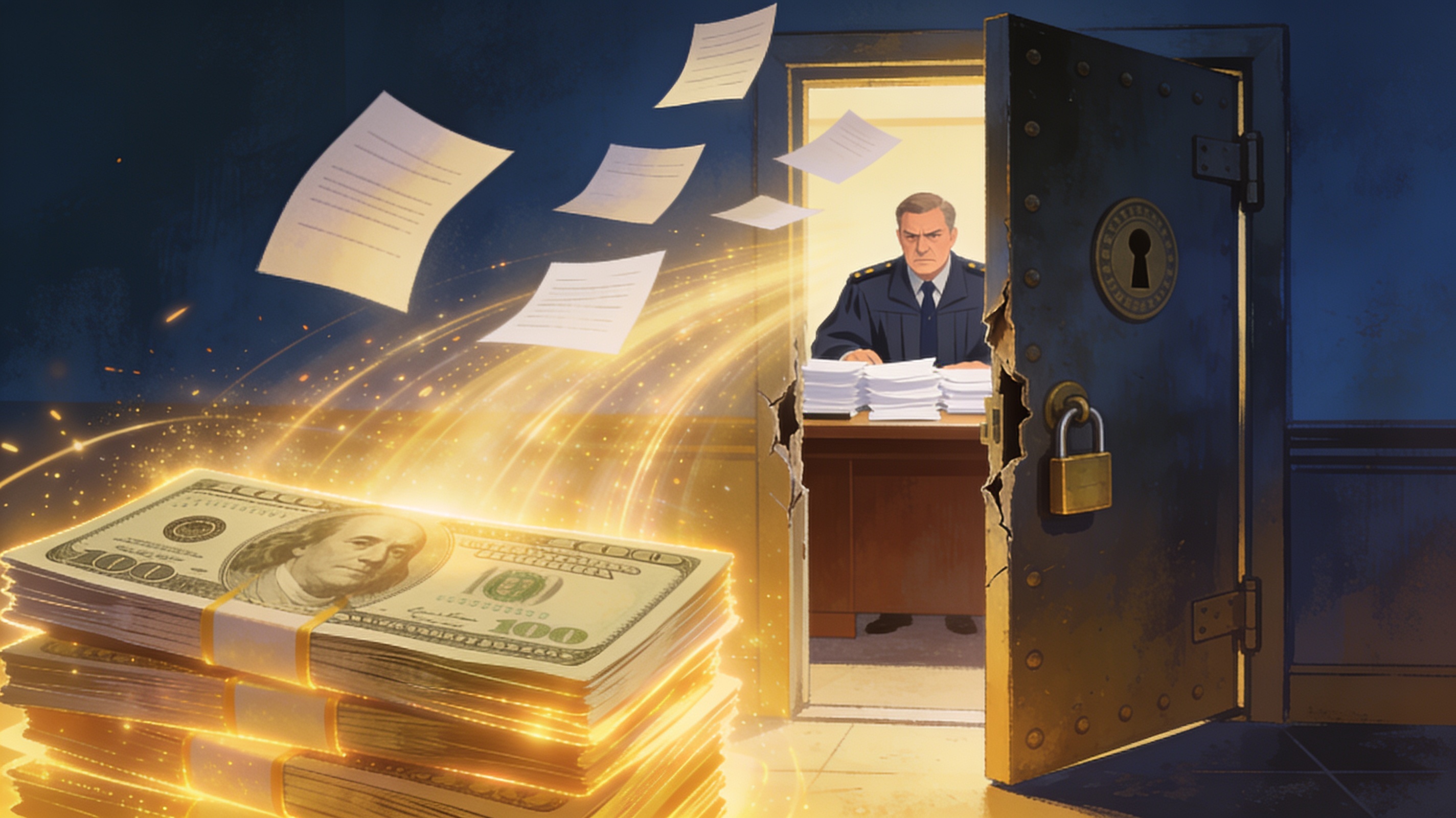 A stack of cash magically causing a stubborn bureaucratic obstacle to instantly clear, symbolic bribery-free depiction of money smoothing the way, cinematic editorial illustration, no text