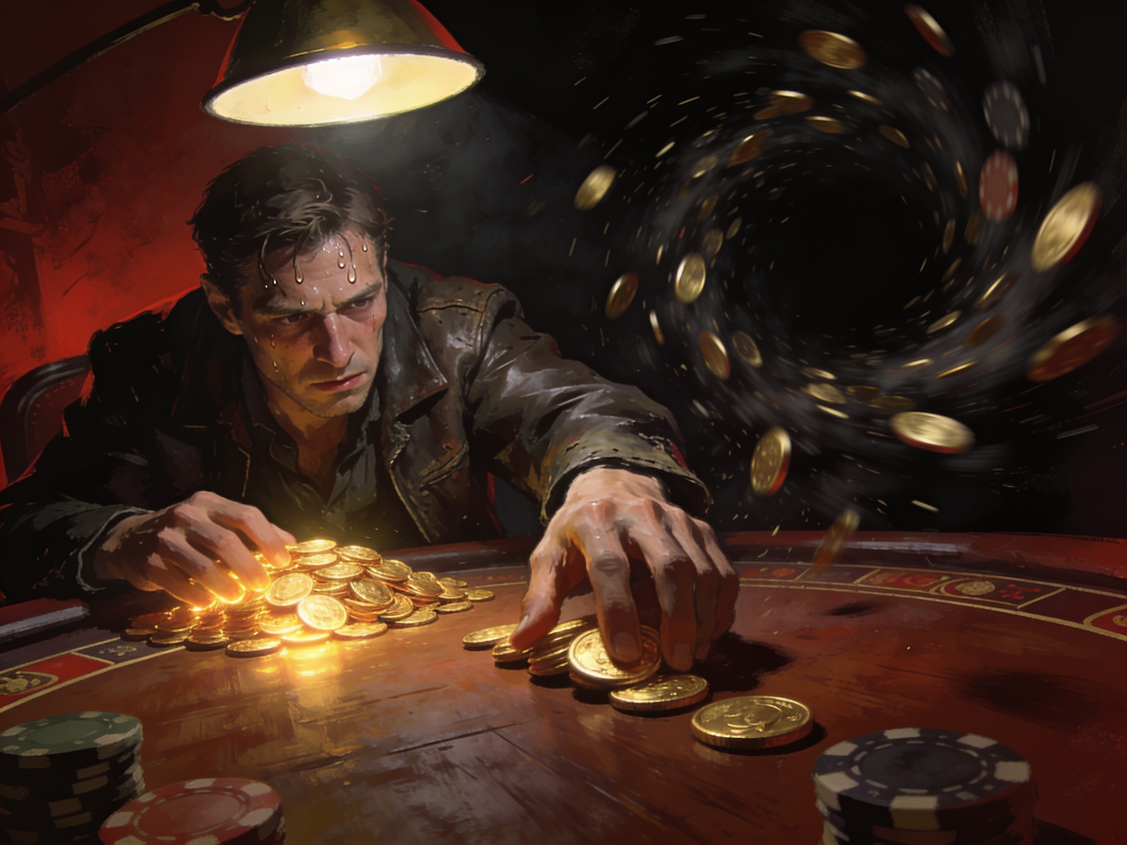 A gambler's winnings from a lucky night rapidly disappearing through further reckless bets, symbolic downfall of ill-gotten money, cinematic editorial illustration, no text