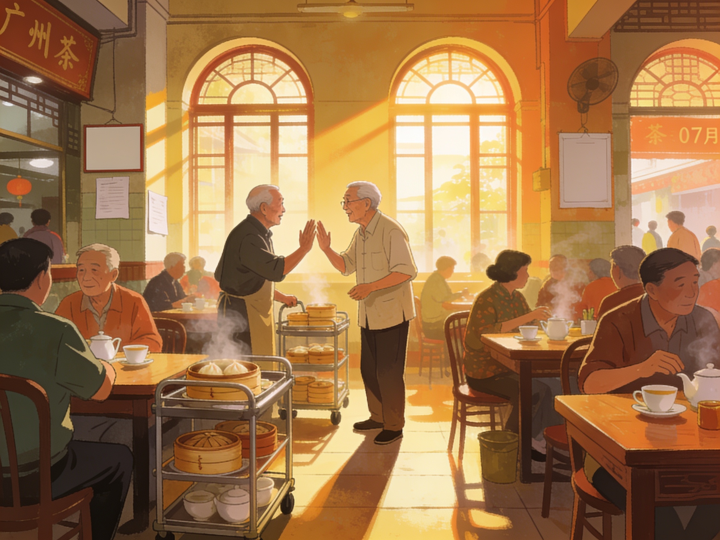 A busy Guangzhou teahouse at 7am with elderly regulars greeting each other, dim sum trolleys rolling between tables, morning sun through tall arched windows.