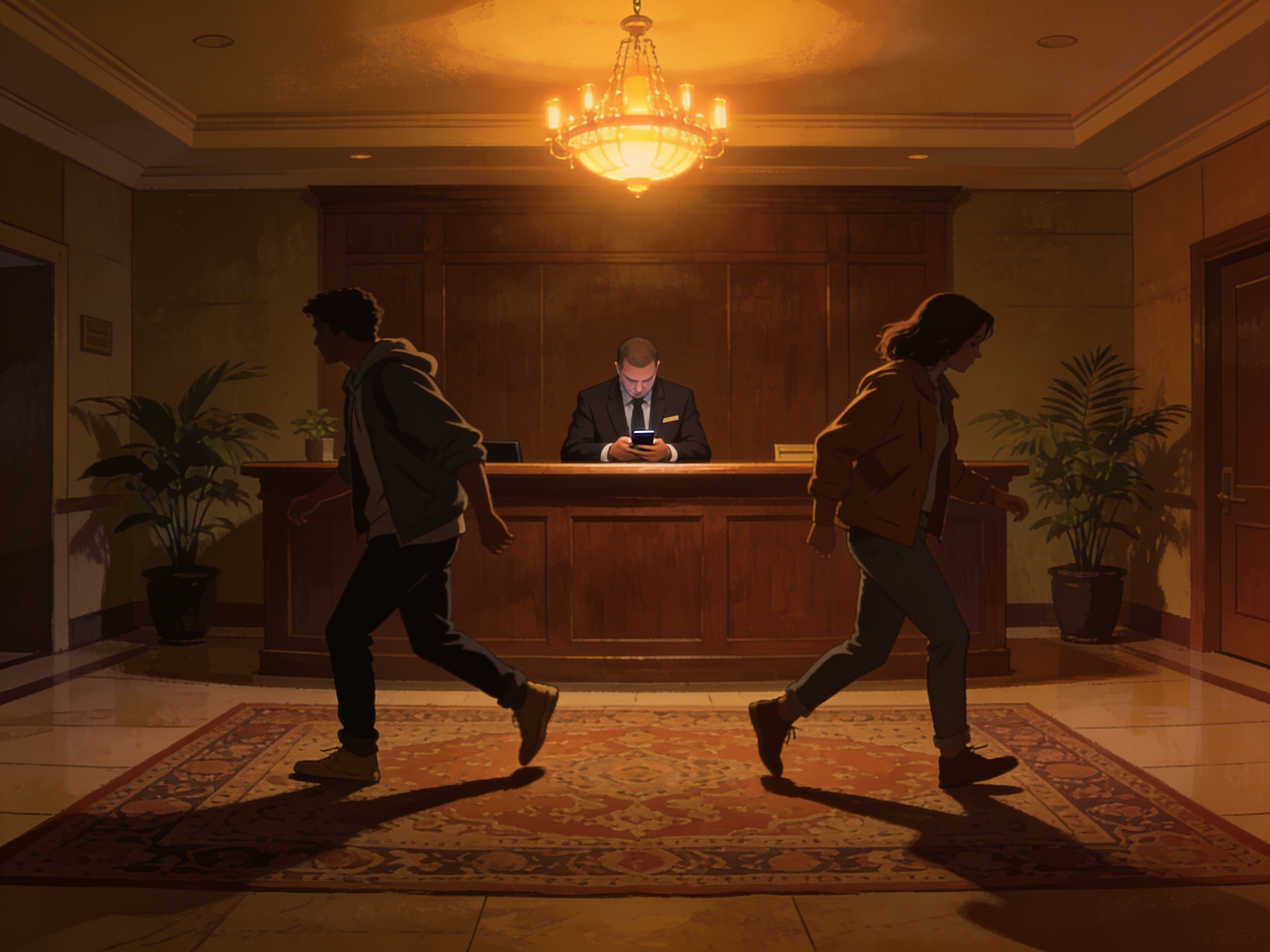 Two people tip-toeing past a hotel front desk clerk who is looking down at their phone, dim lobby lit by a single warm chandelier.