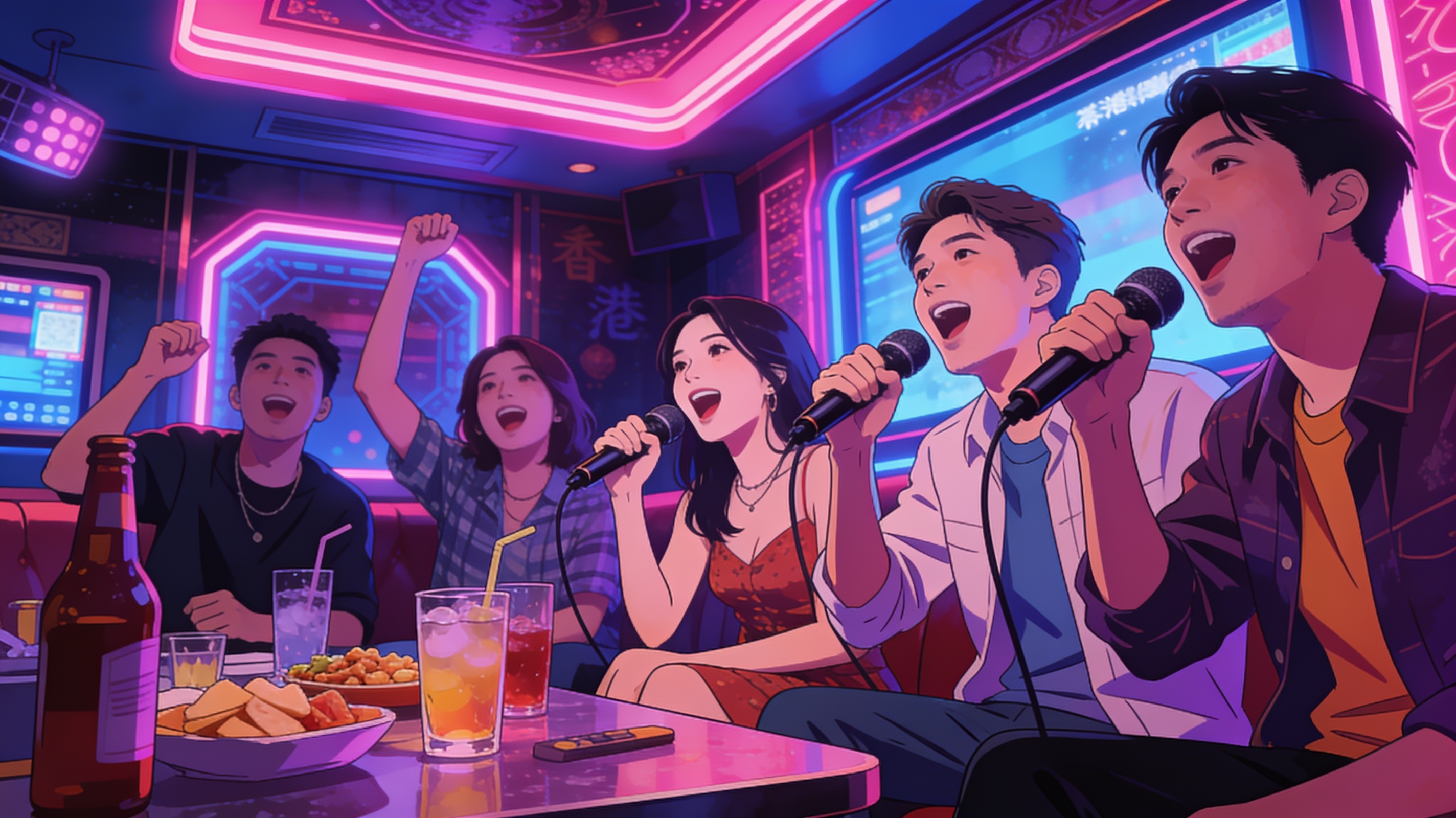 A group of friends singing enthusiastically with microphones in a colorful neon-lit karaoke room in Hong Kong, drinks and snacks on the table, cinematic editorial illustration, no text
