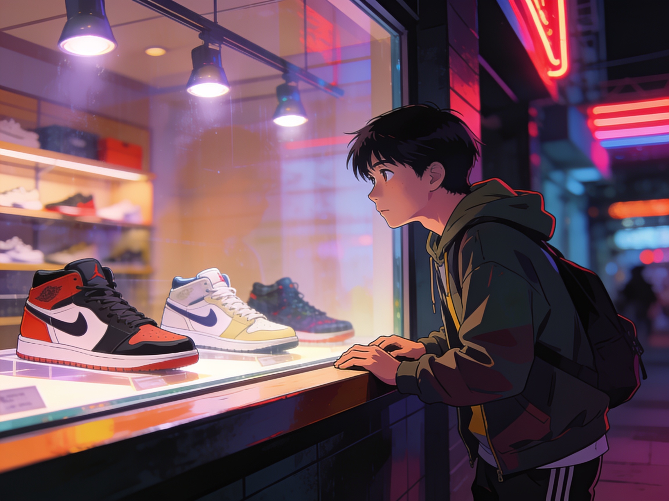 A trendy young shopper admiring the latest streetwear sneakers in a Hong Kong sneaker boutique window display, neon lights, cinematic editorial illustration, no text