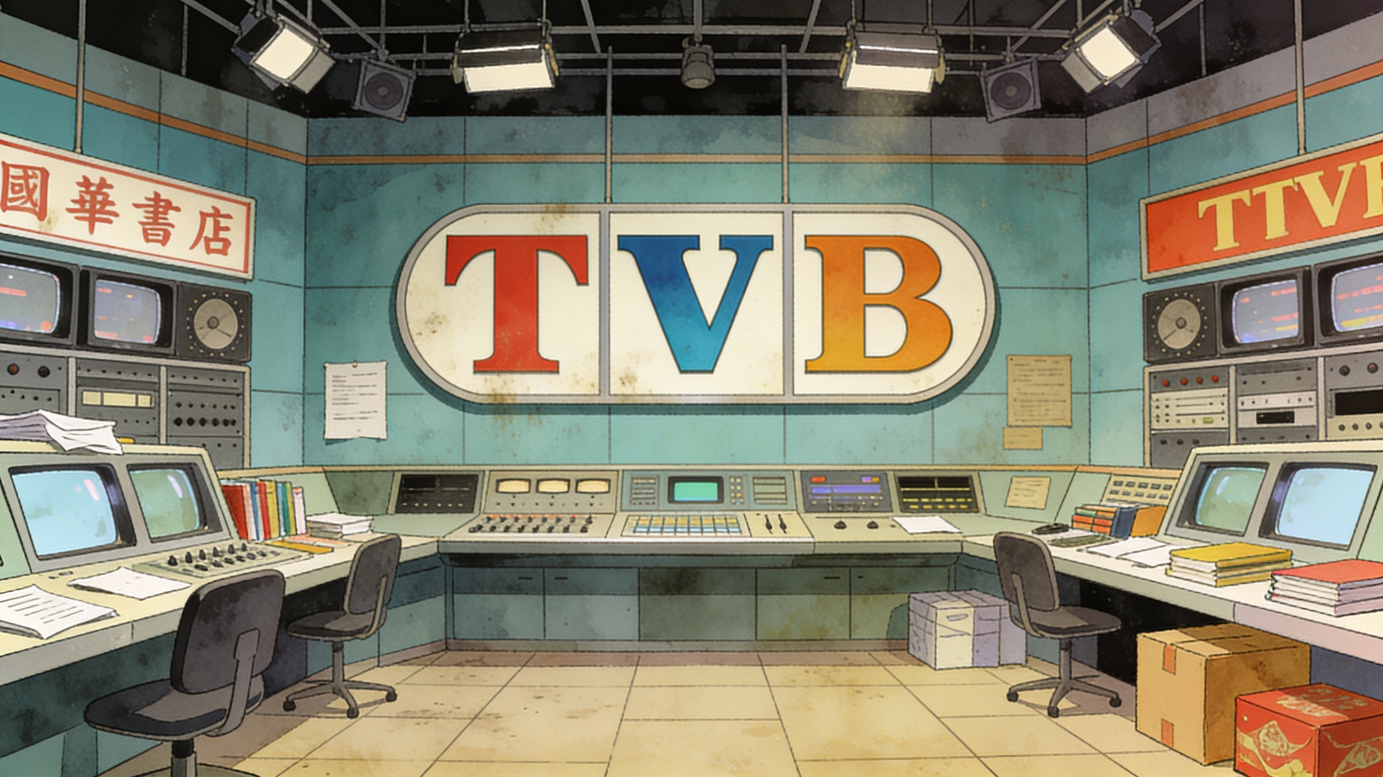 An old-fashioned TV studio control room with a giant vintage TVB-style logo on the wall, slightly dusty and dated, wry nostalgic tone, cinematic editorial illustration, no text