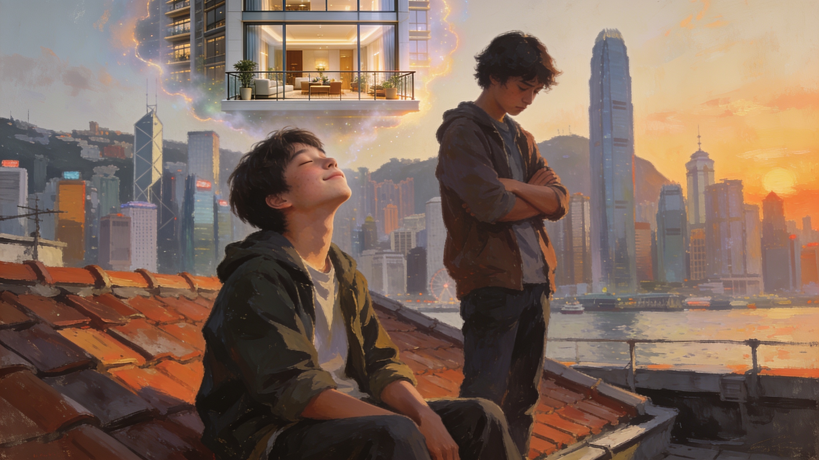 A teenager daydreaming about a luxury flat while a friend sighs beside them, HK skyline in background, painterly editorial illustration, no text