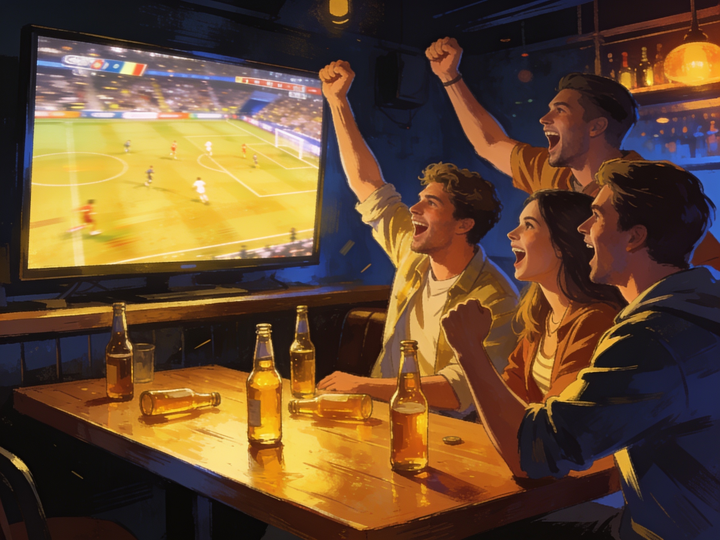 A group of friends gathered around a TV at a bar late at night cheering intensely during a football match, beer bottles on the table, cinematic editorial illustration, no text