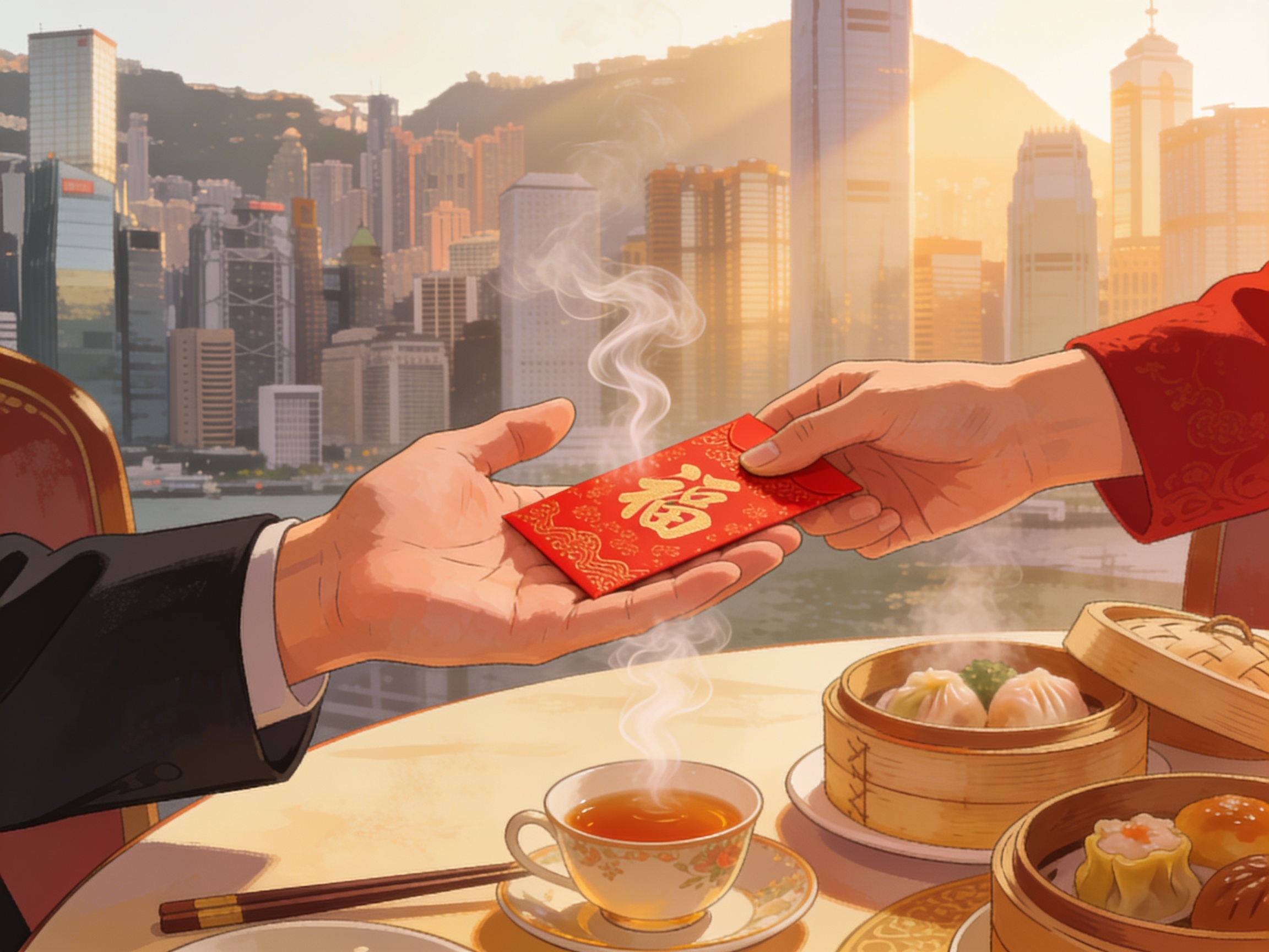 A red laisee packet being pressed into an open palm across a dim sum table, tea steam curling up, warm morning light through Central skyscrapers.