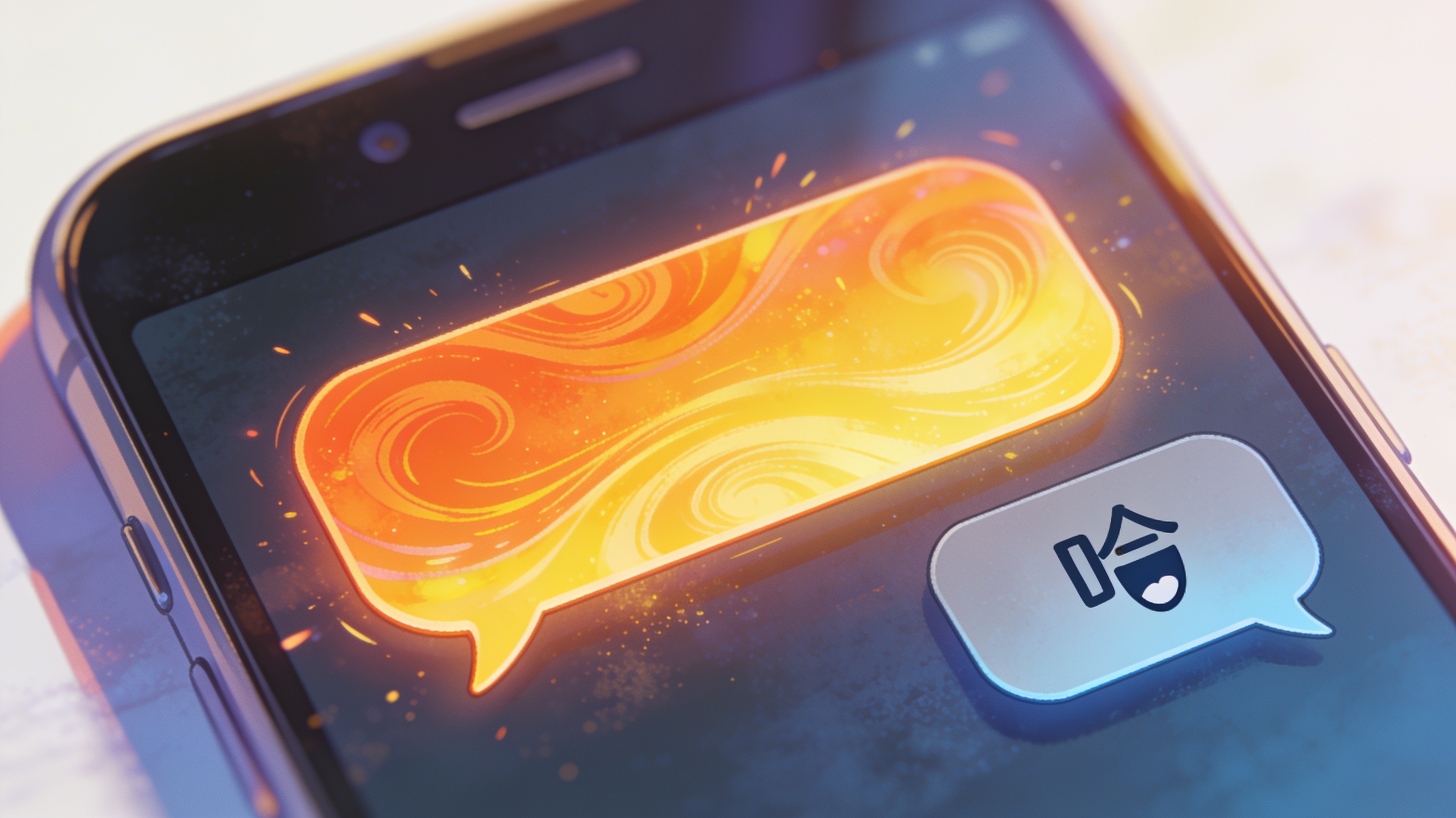 A phone chat screen showing an enthusiastic long message answered with just a single flat laugh character, awkward silence implied, cinematic editorial illustration, no text