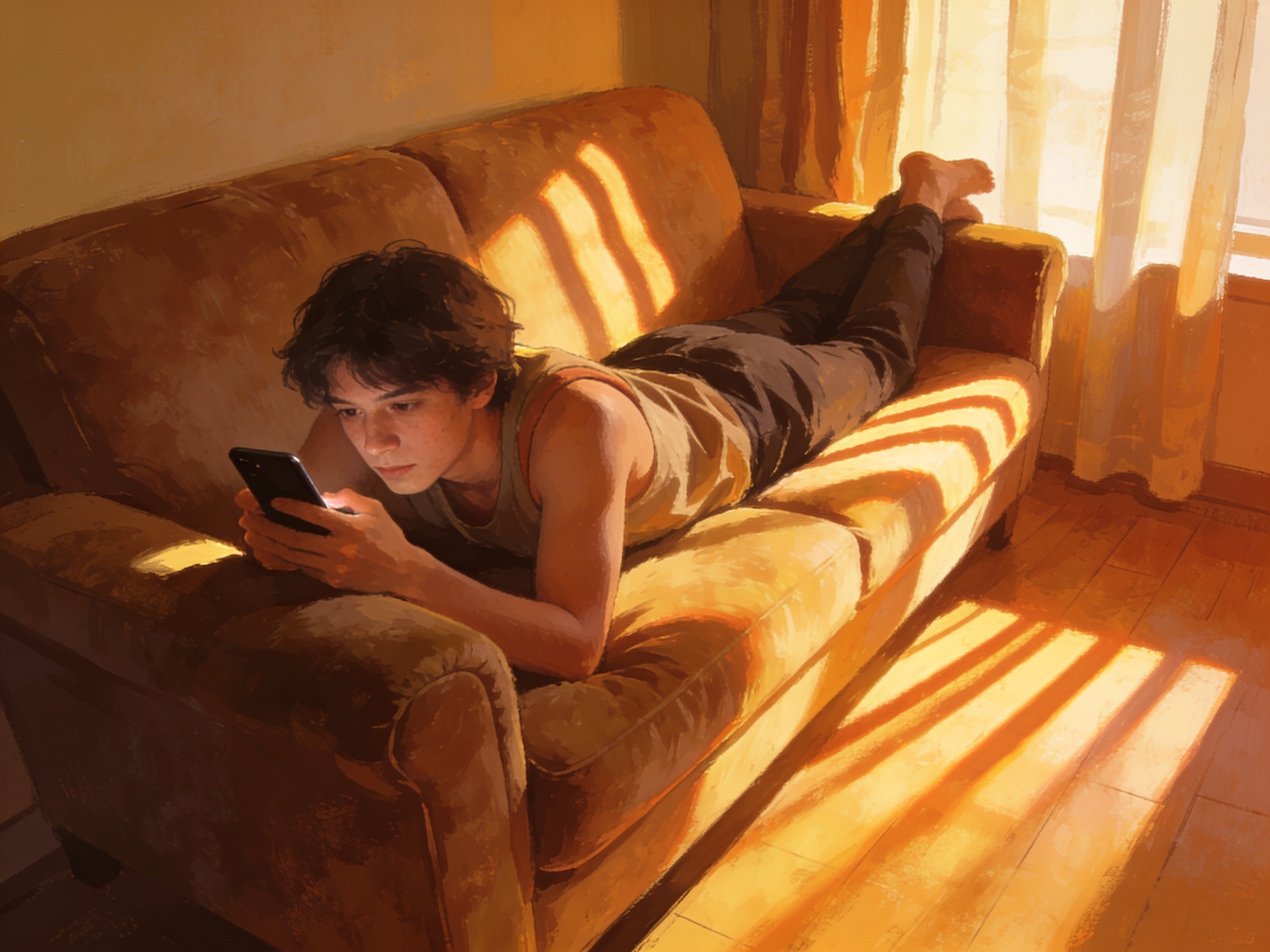 A young person lying sideways on a sofa on a lazy Sunday afternoon, scrolling on their phone with zero urgency, sunlight streaming lazily through the curtains, cinematic editorial illustration, no text