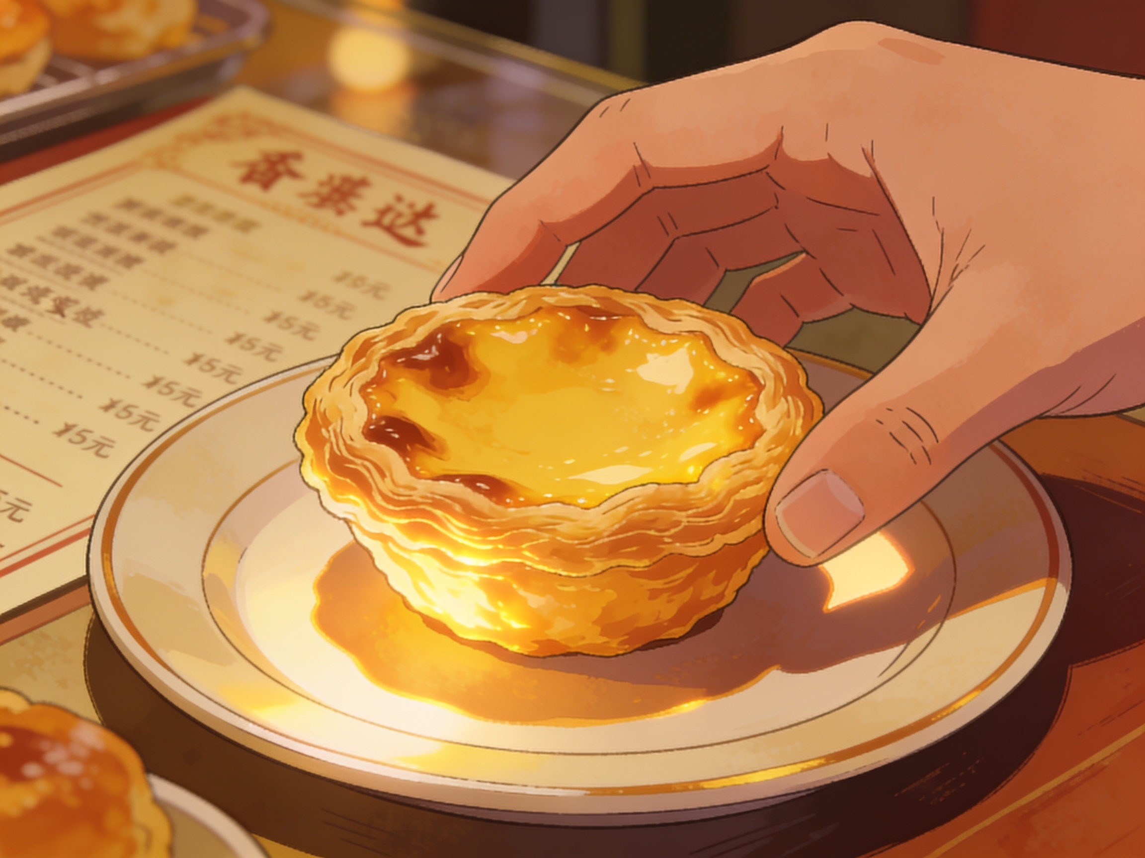 Close-up of a golden egg tart on a plate, flaky crust glowing under warm bakery lights, hand reaching in, Cantonese menu in the background.