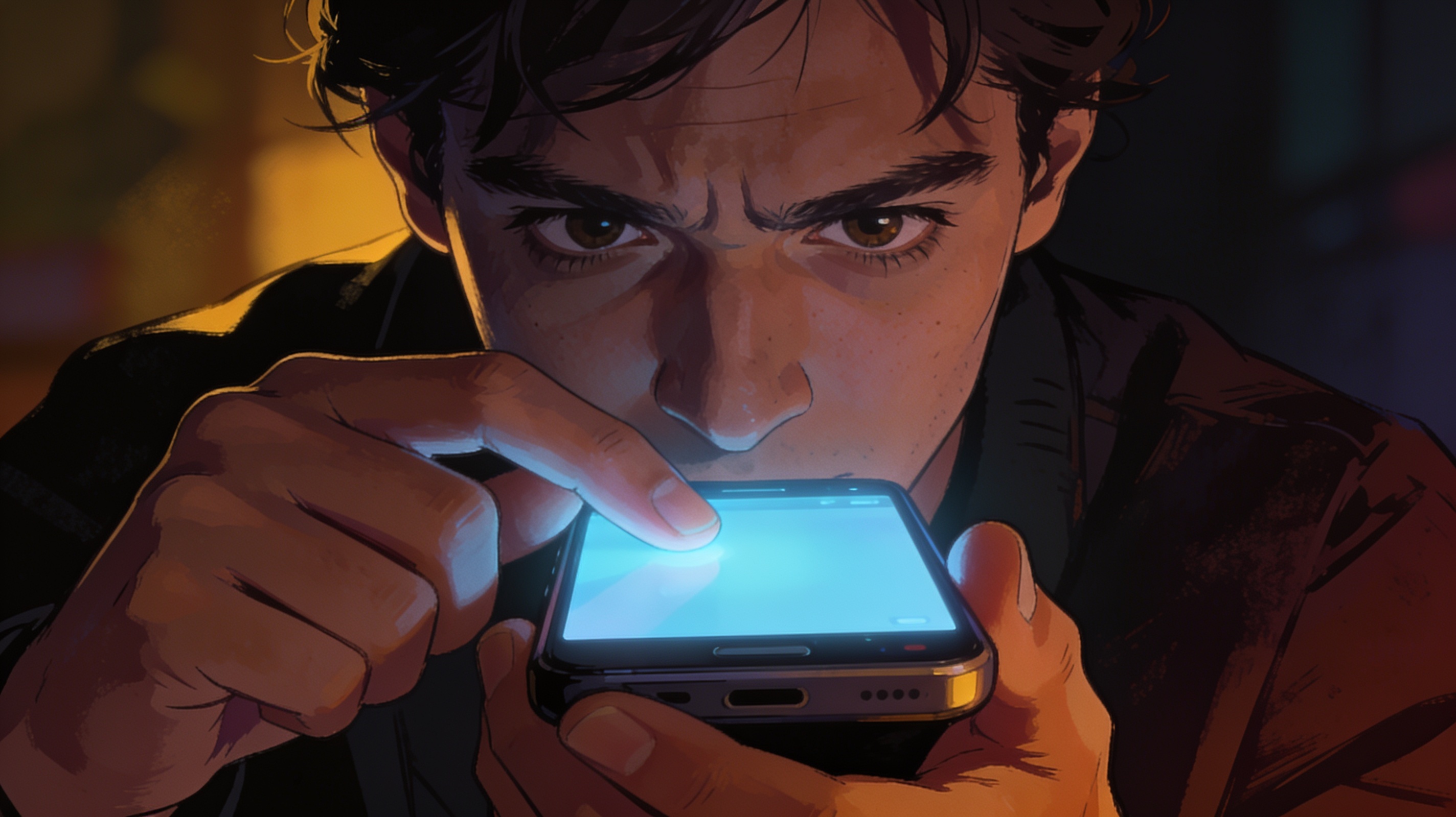 A person carefully taking a screenshot of an incriminating text message conversation to save as evidence, phone screen glowing, cinematic editorial illustration, no text