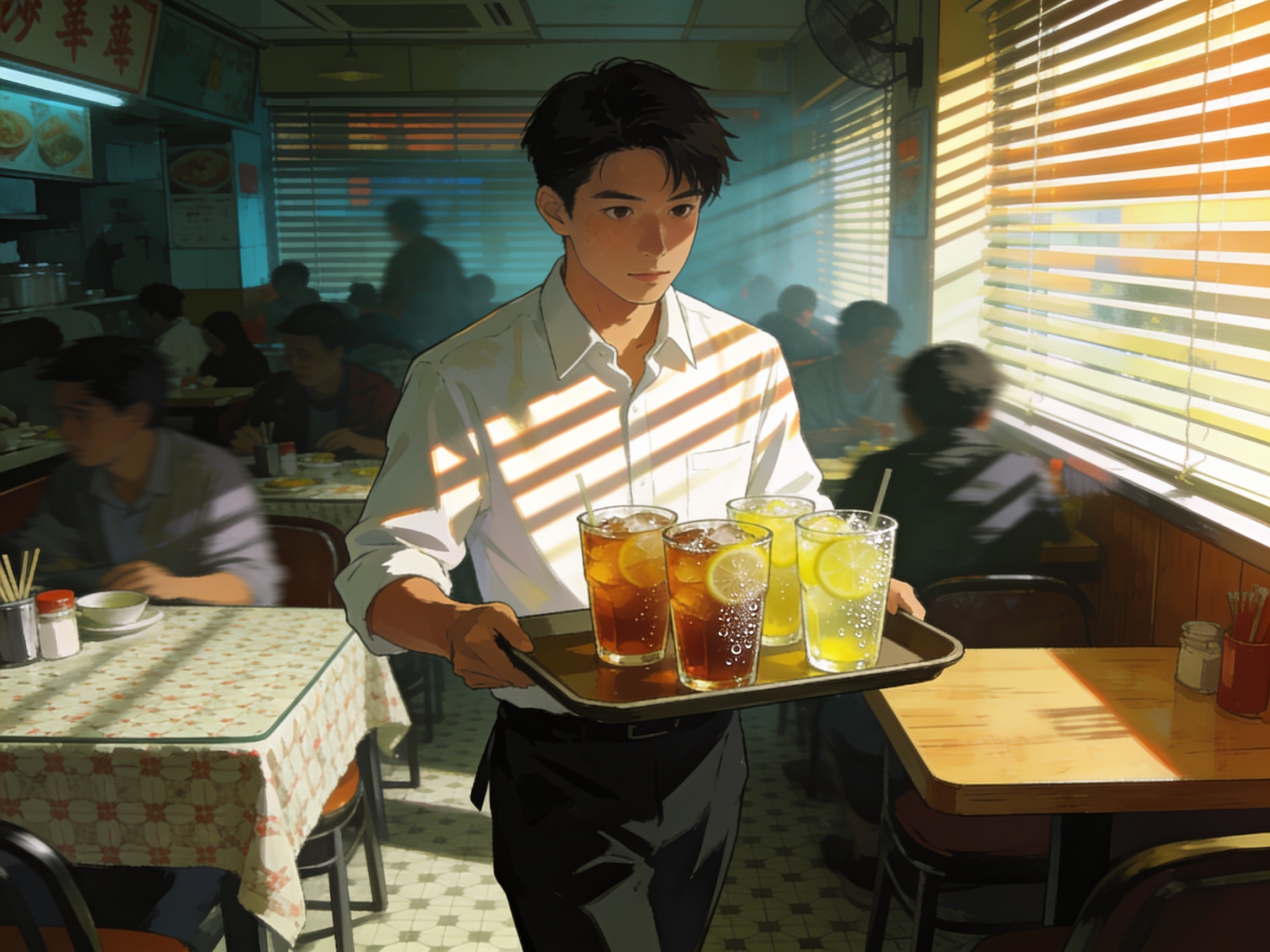 A young waiter in a starched white shirt weaving through packed cha chaan teng tables balancing a tray of iced lemon tea, hazy afternoon light through blinds.