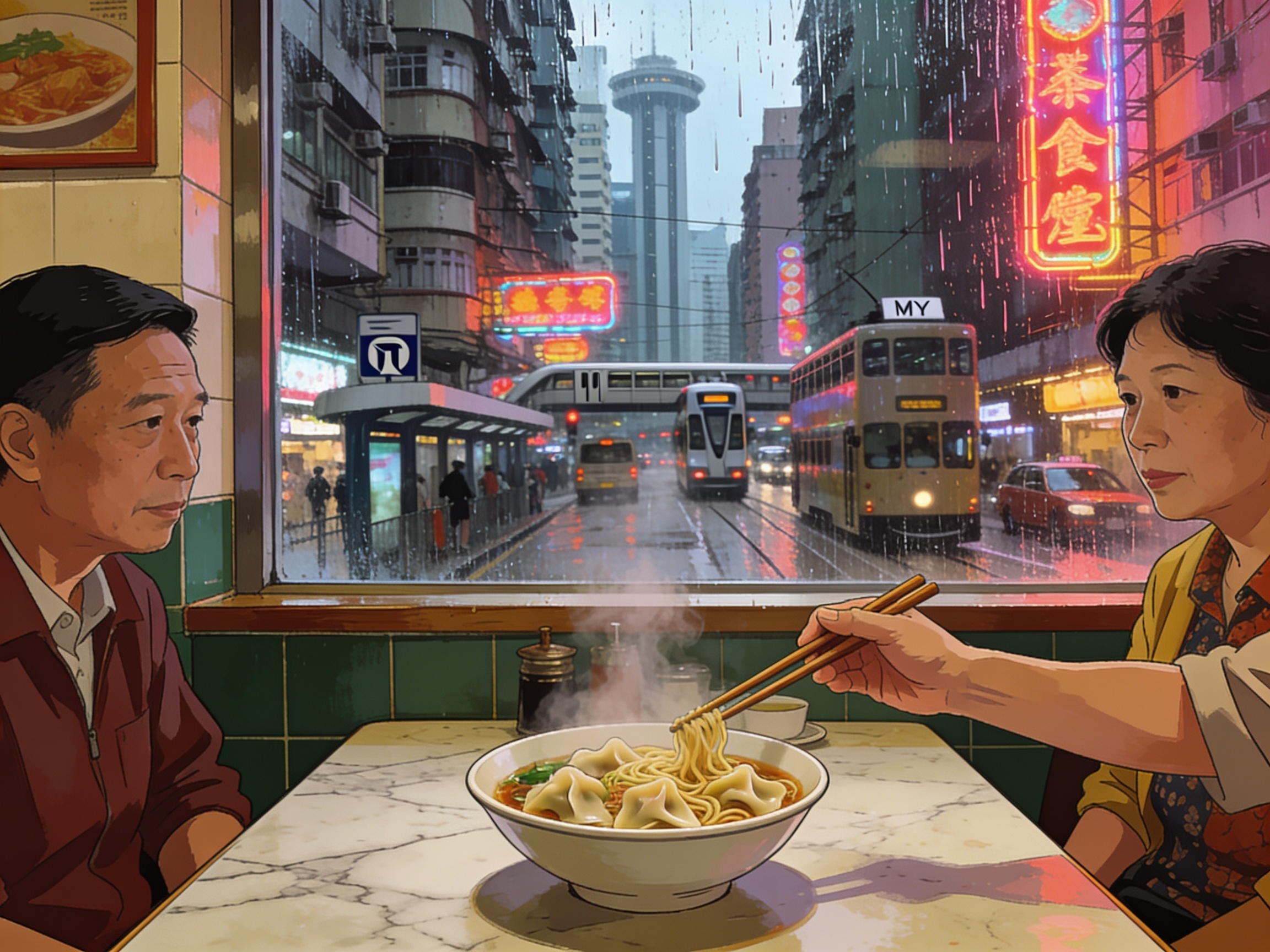 Steam rising from a bowl of wonton noodles on a marble cha chaan teng table, wet neon reflections in the window behind, a hand passing chopsticks across the table.