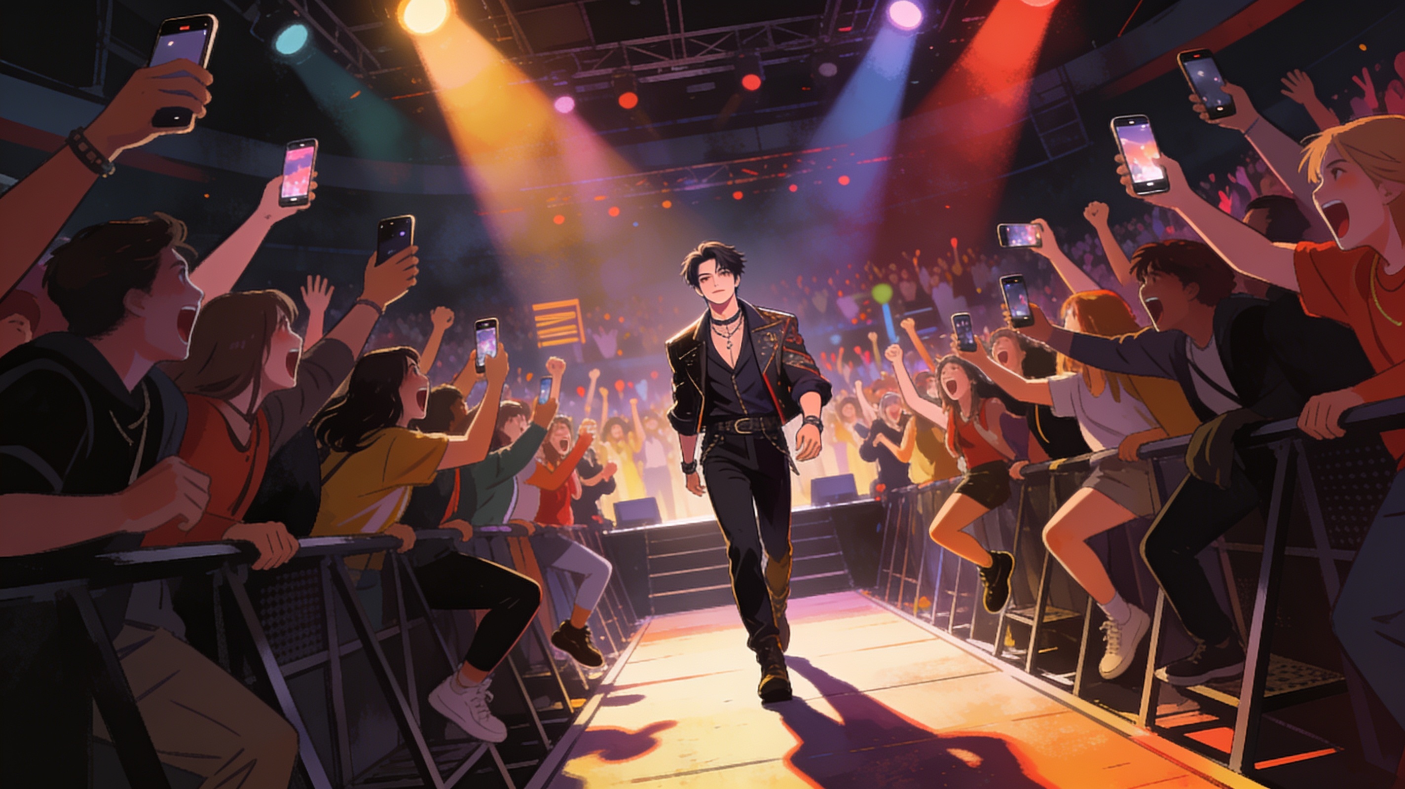 A crowd of fans screaming and holding up phones to capture a moment as their idol walks on stage, concert lighting, cinematic editorial illustration, no text