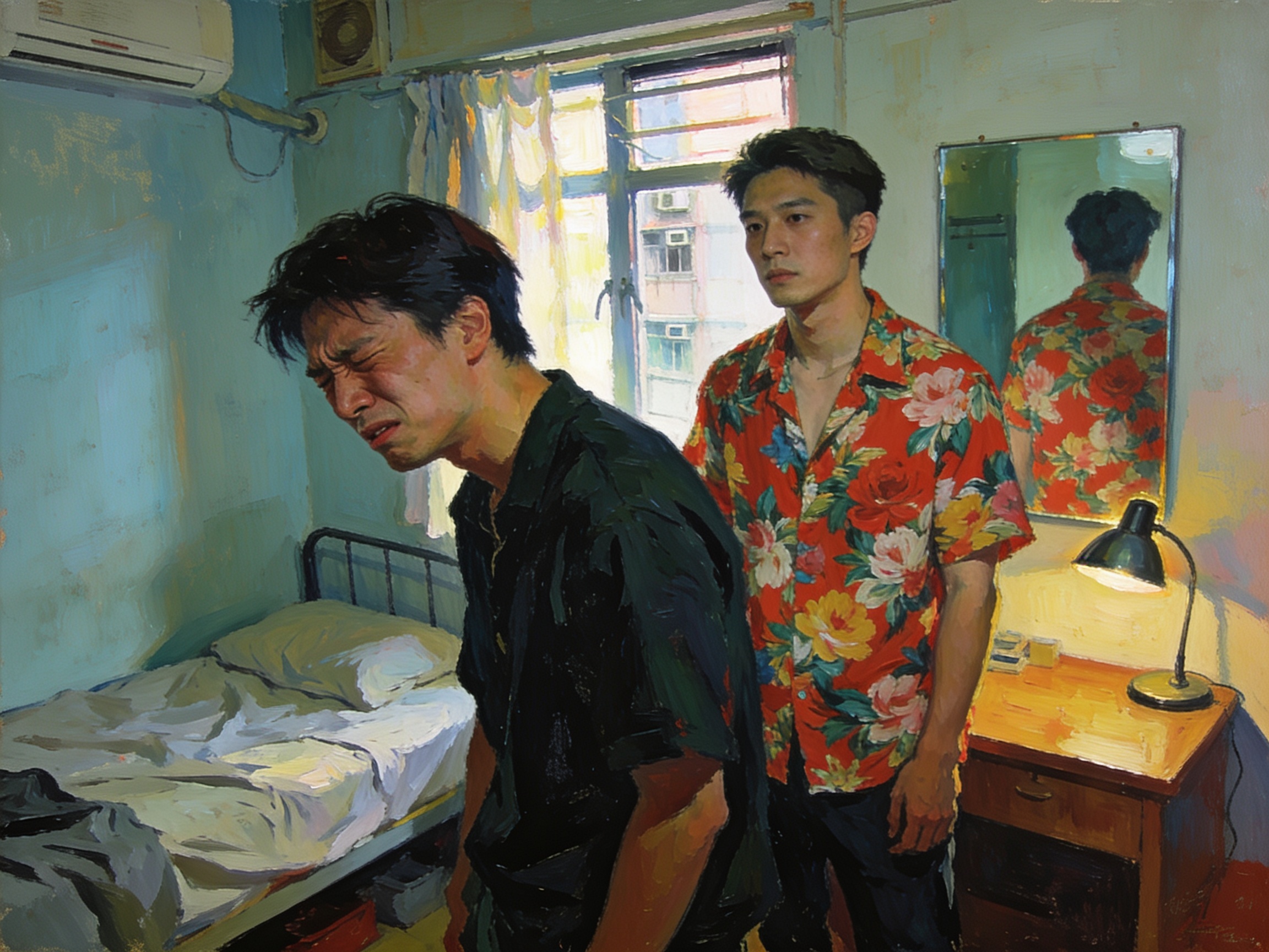 A friend cringing at another wearing a loud floral shirt in front of a mirror, HK bedroom, painterly editorial illustration, no text