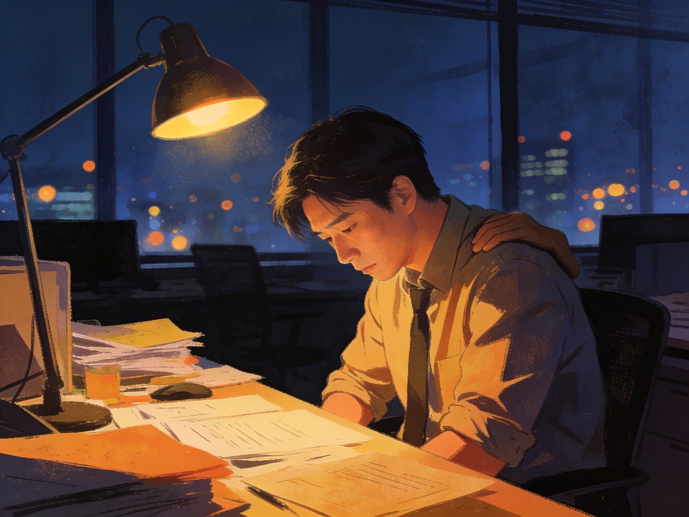 An office worker alone at their desk under a single lit lamp in an otherwise dark and empty office at 10pm, city lights visible through the window, cinematic editorial illustration, no text