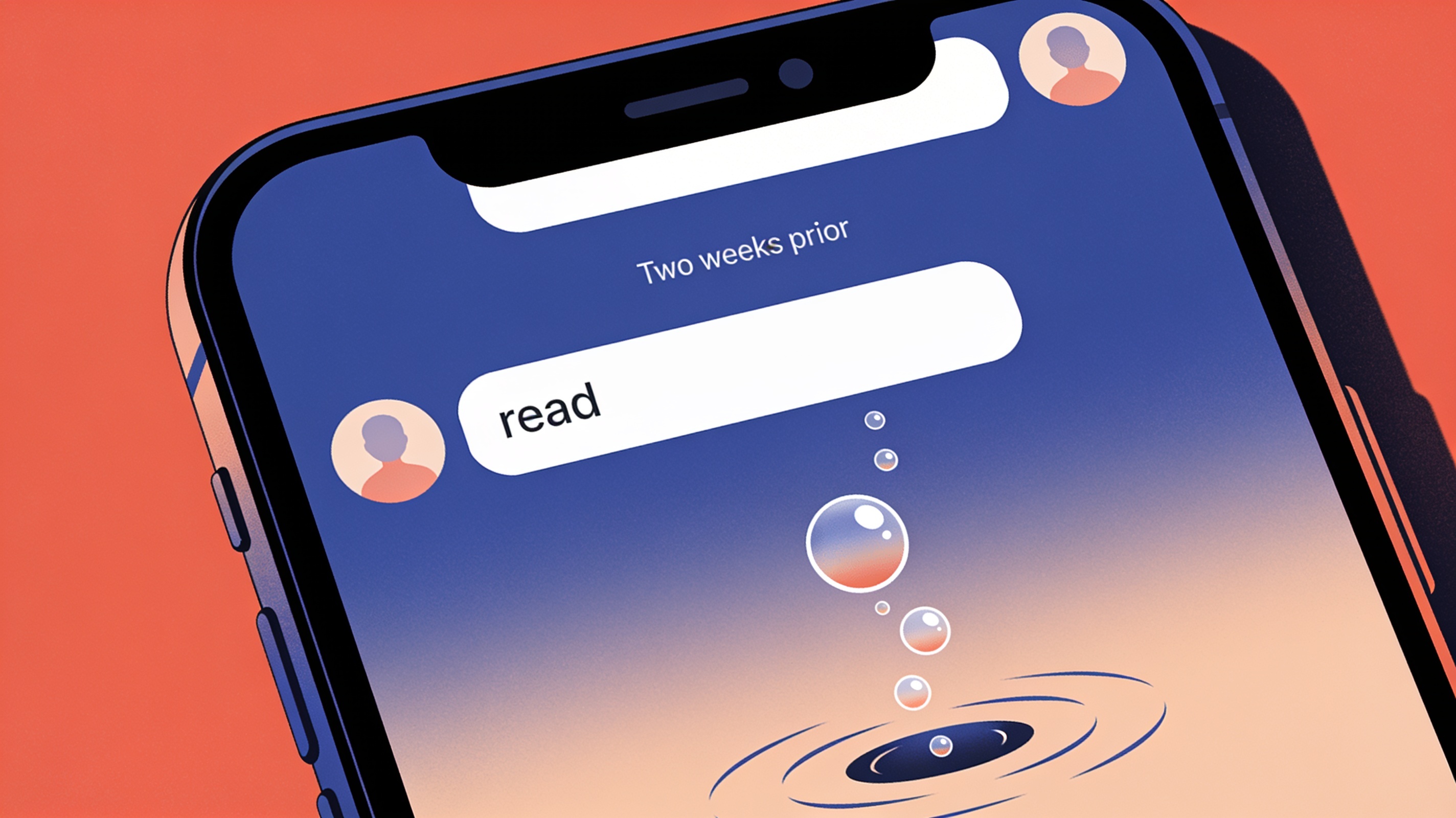 A phone screen showing an unanswered chat conversation with the last message left on read for weeks, sinking bubble icon motif, flat clean illustration, no text
