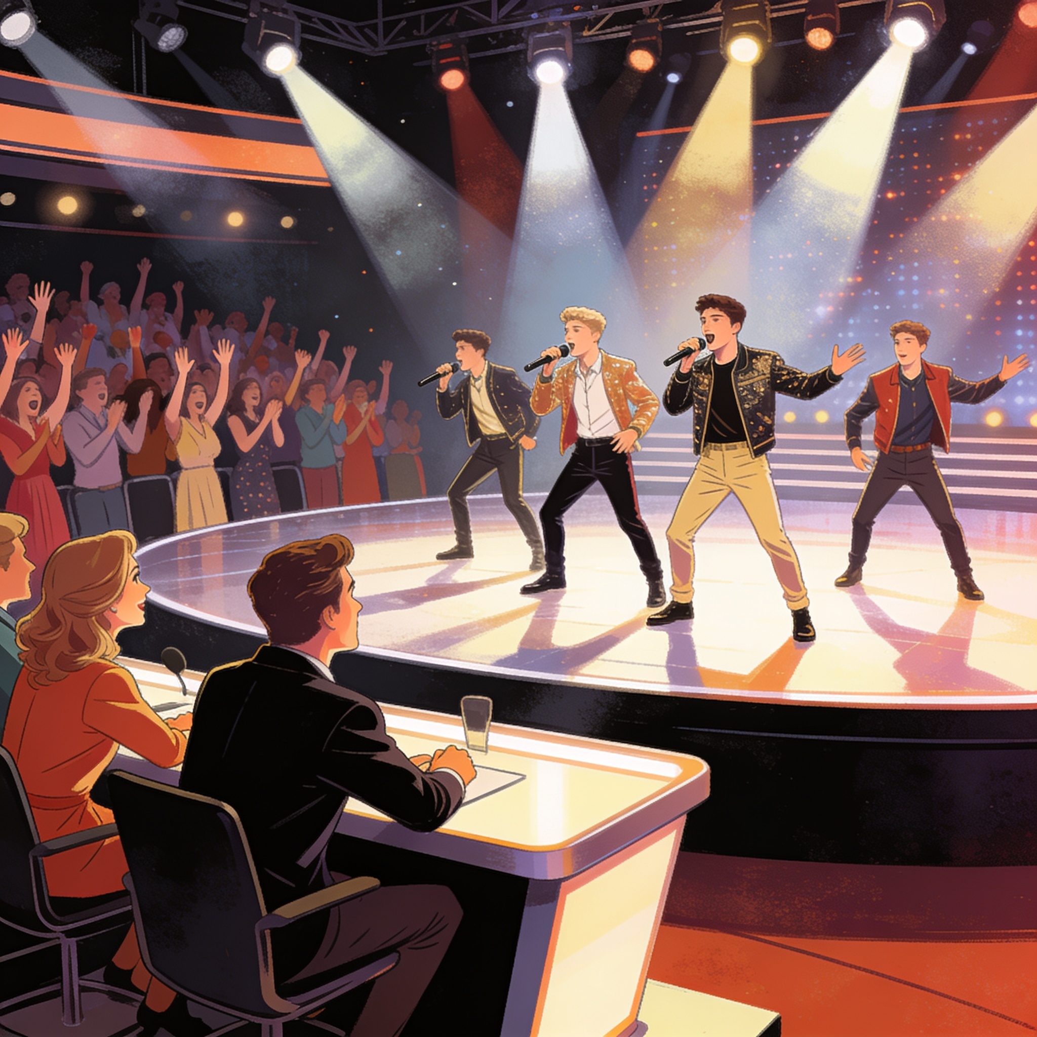A dramatic talent show stage with spotlights on a group of young male contestants performing, judges' table in the foreground, excited studio audience, cinematic editorial illustration, no text