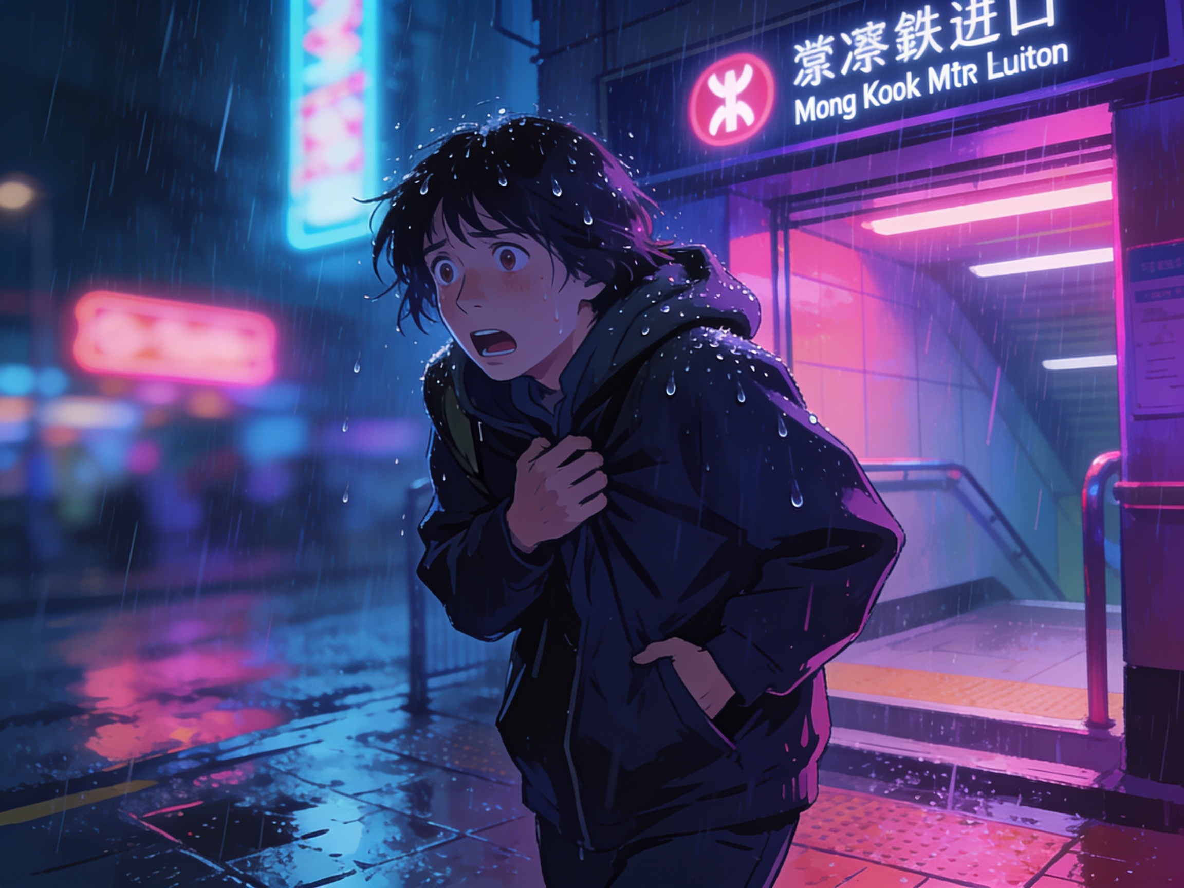 A person freezing mid-step outside a Mong Kok MTR exit at night, patting their pockets in panic, neon signs blurred behind them in the rain.