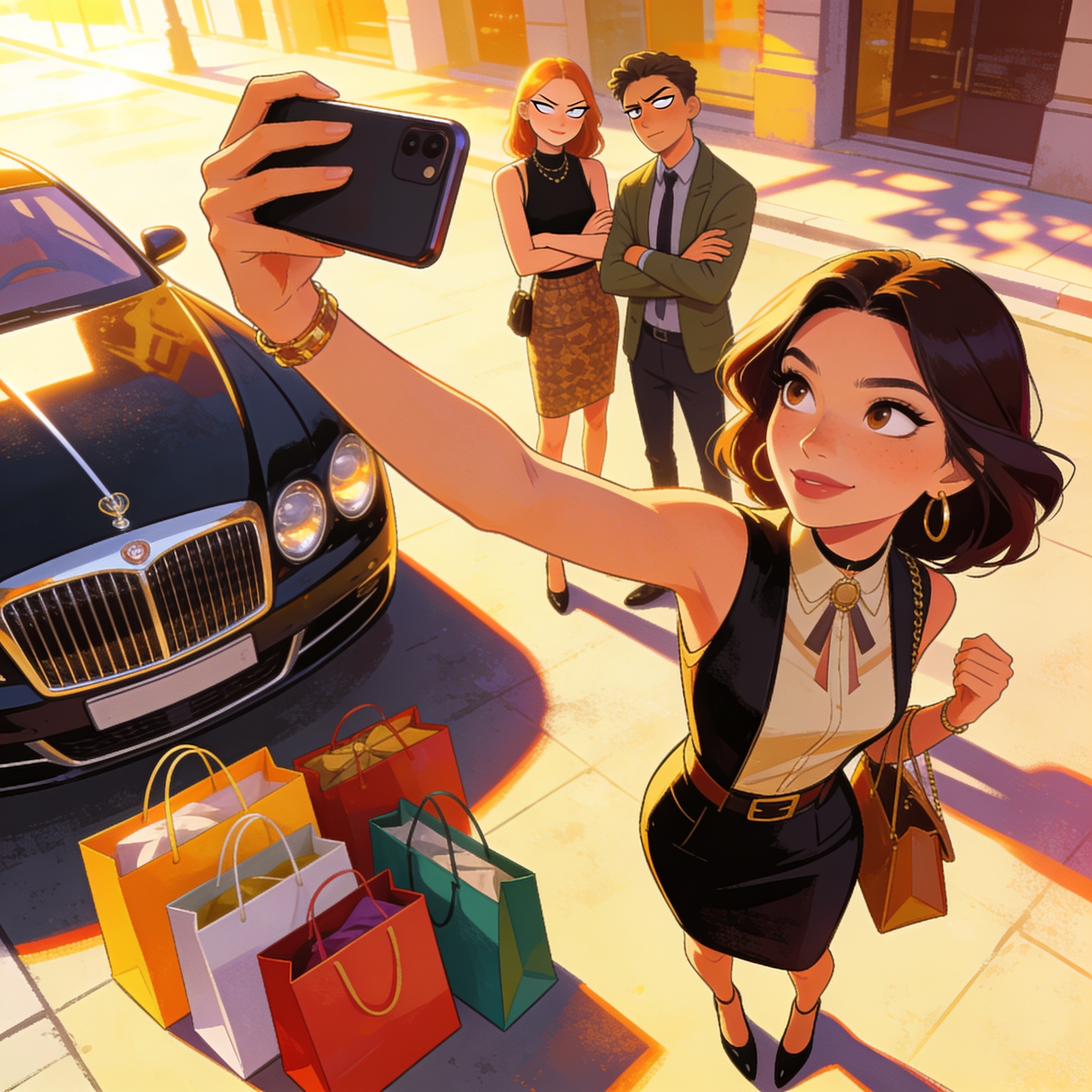 A person holding up a phone taking an overly staged selfie with a luxury car and shopping bags, friends in the background rolling their eyes, bright sunny street, cinematic editorial illustration, no text