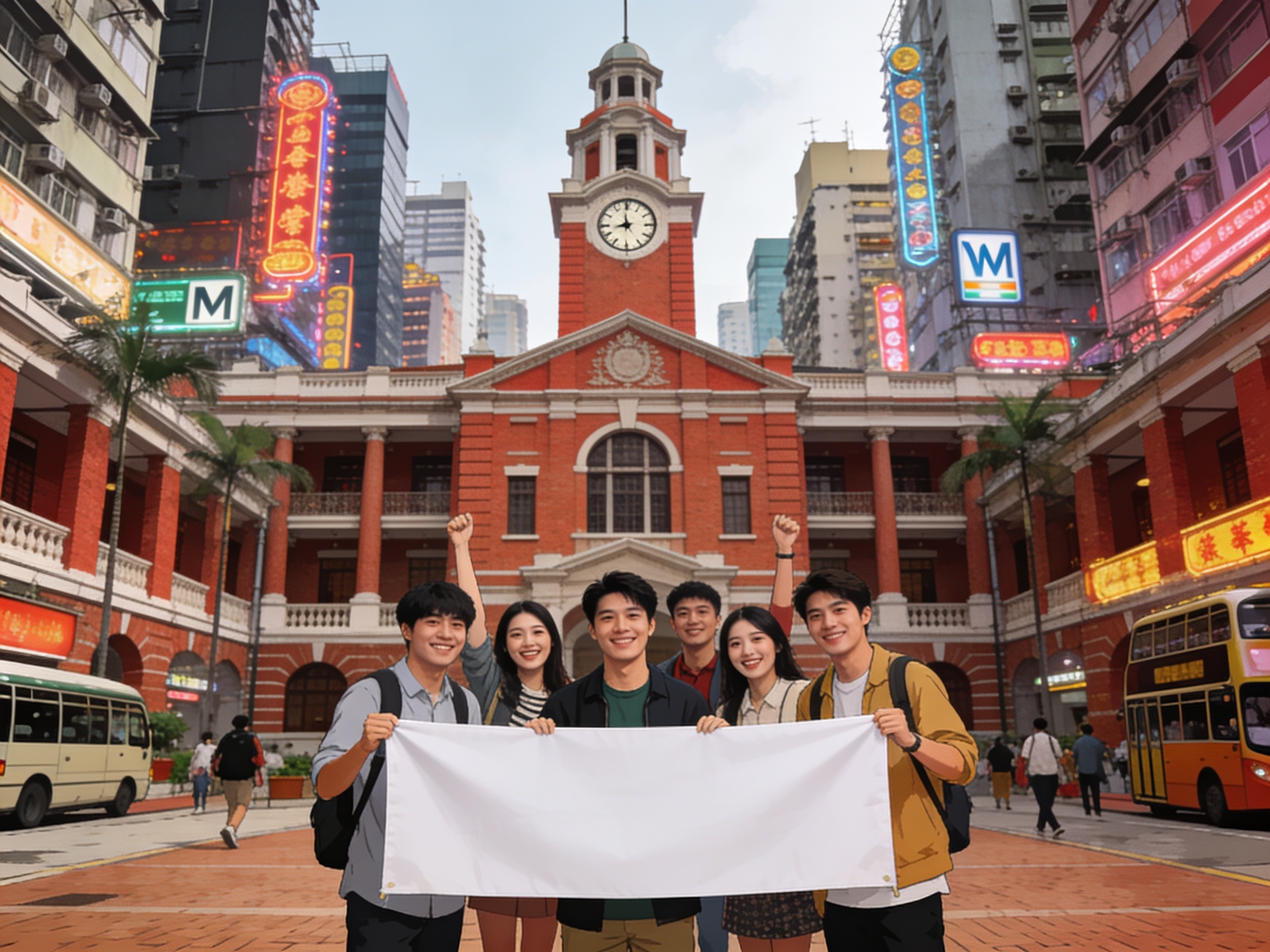 A group of enthusiastic university students in Hong Kong University (HKU) main building courtyard with iconic red-brick colonial architecture and clock tower in background, holding a society banner, energetic campus society (學生會/上莊) atmosphere, editorial photography