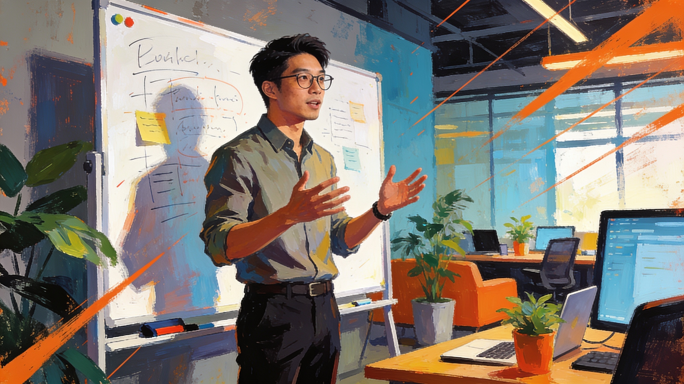 A young Hong Kong professional in a startup coworking space brainstorming on a whiteboard, painterly editorial illustration, no text