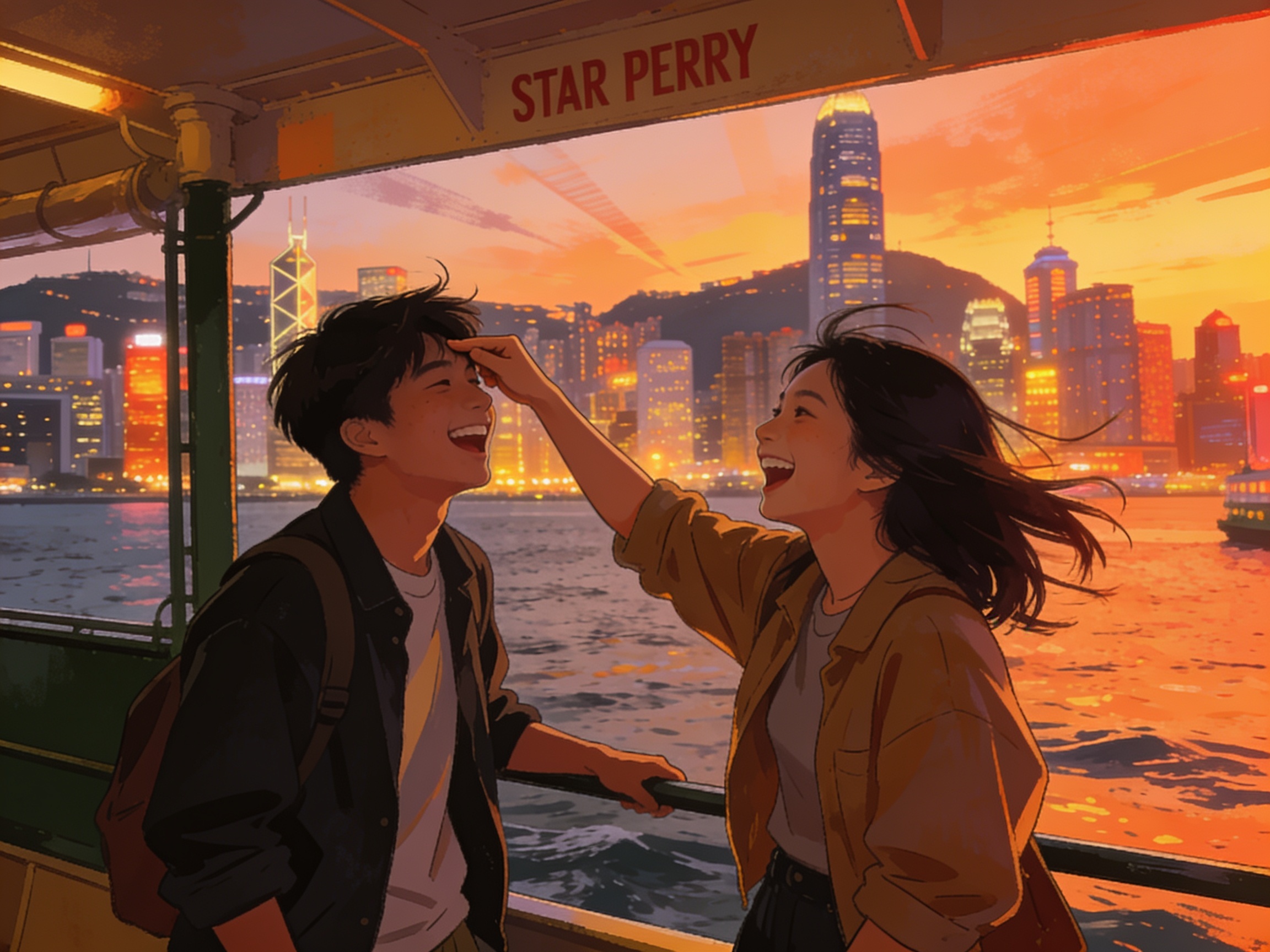 Two young friends on a Star Ferry deck laughing, one poking the other's forehead in mock exasperation, harbour breeze, TST skyline behind them.