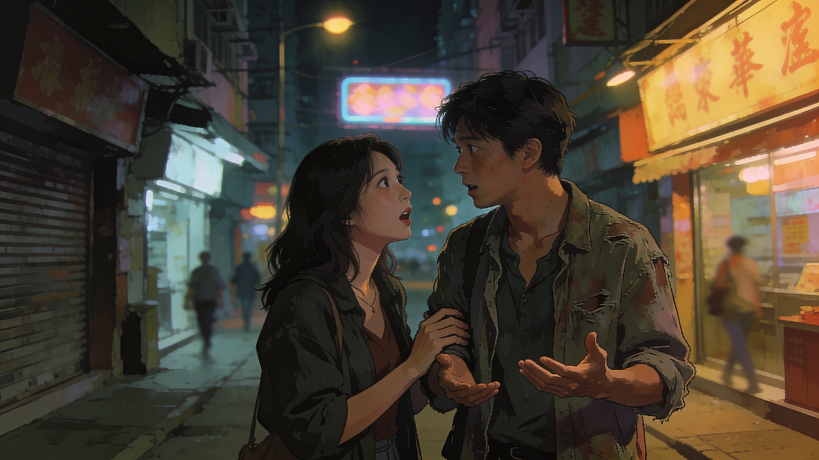 A down-and-out but sincere young man in worn clothes tenderly promising to take care of a woman on a quiet Hong Kong street at night, bittersweet romantic mood, cinematic editorial illustration, no text