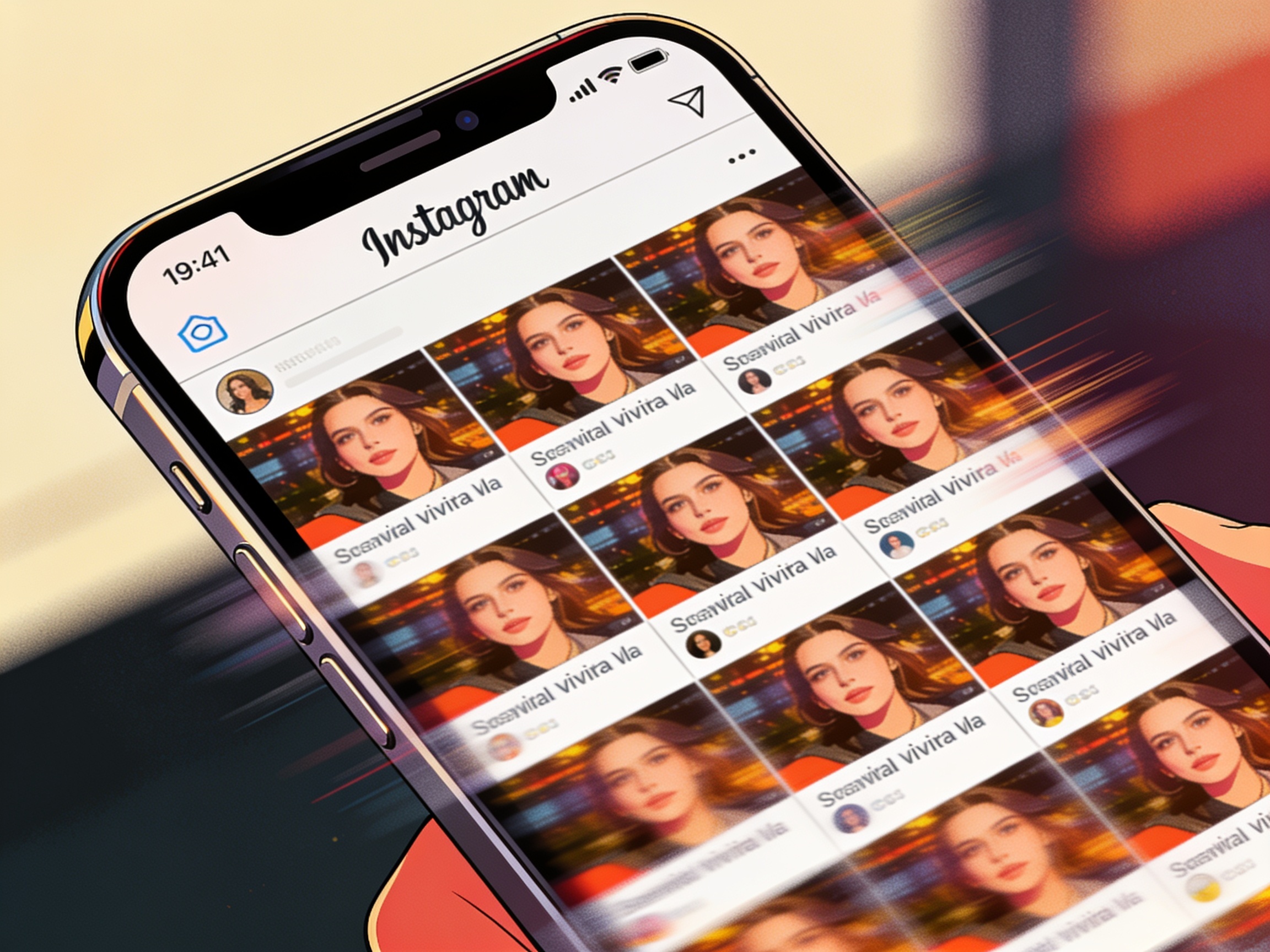 A phone screen scrolling through an Instagram feed completely filled with the exact same viral photo posted over and over by different accounts, cinematic editorial illustration, no text