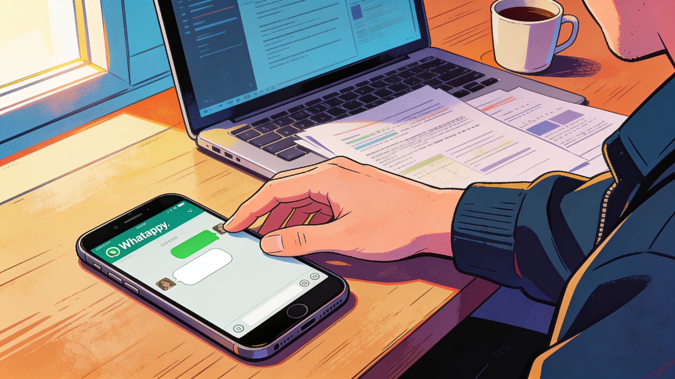 A phone screen showing a WhatsApp chat ending casually mid-conversation, the person setting the phone down to get back to work, cinematic editorial illustration, no text