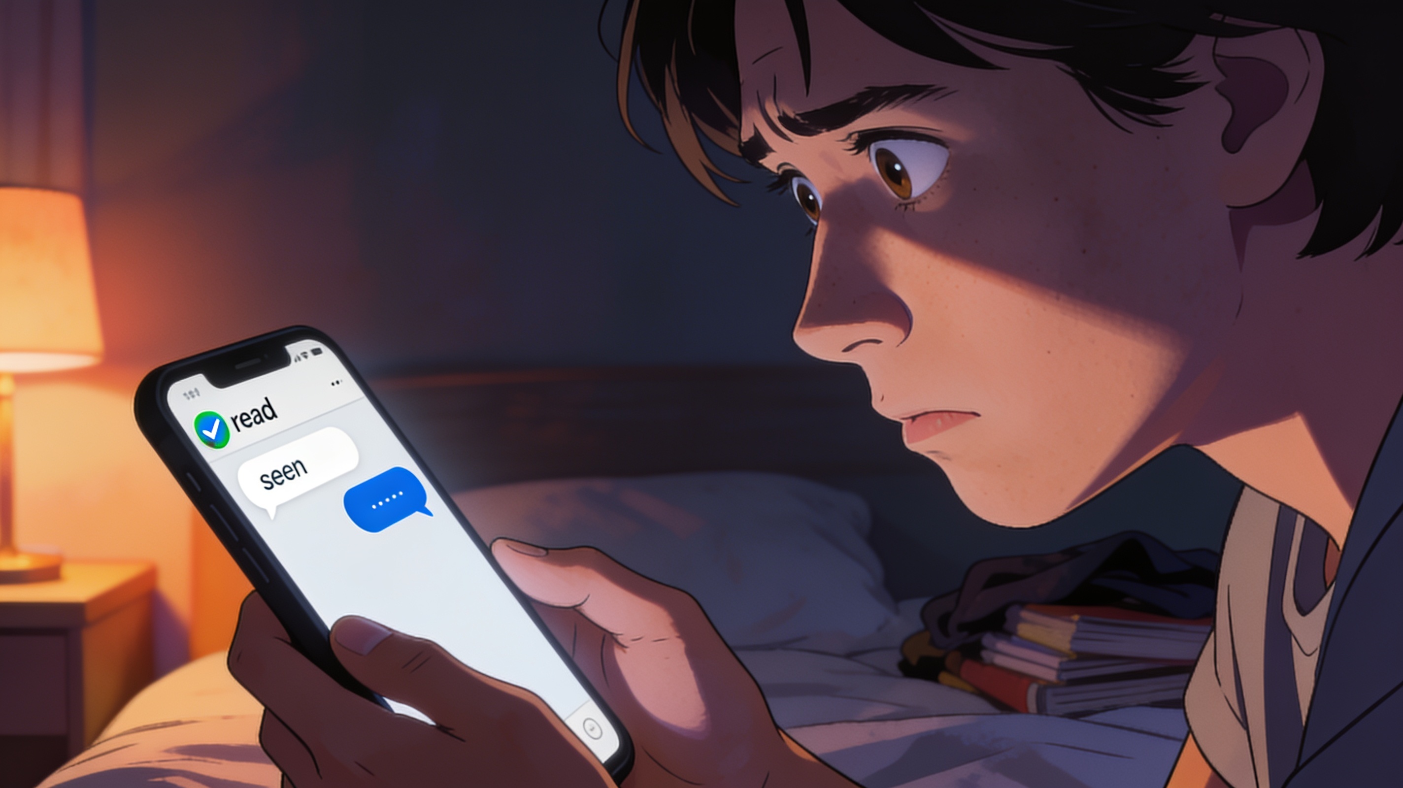 A person anxiously staring at a phone screen showing a message marked as read but with no reply for hours, worried expression in dim bedroom light, cinematic editorial illustration, no text