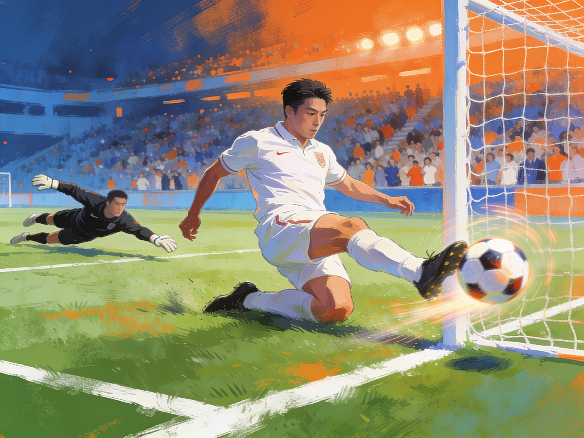 A football player sliding in to tap the loose ball into an empty net, Hong Kong style painterly editorial illustration, no text