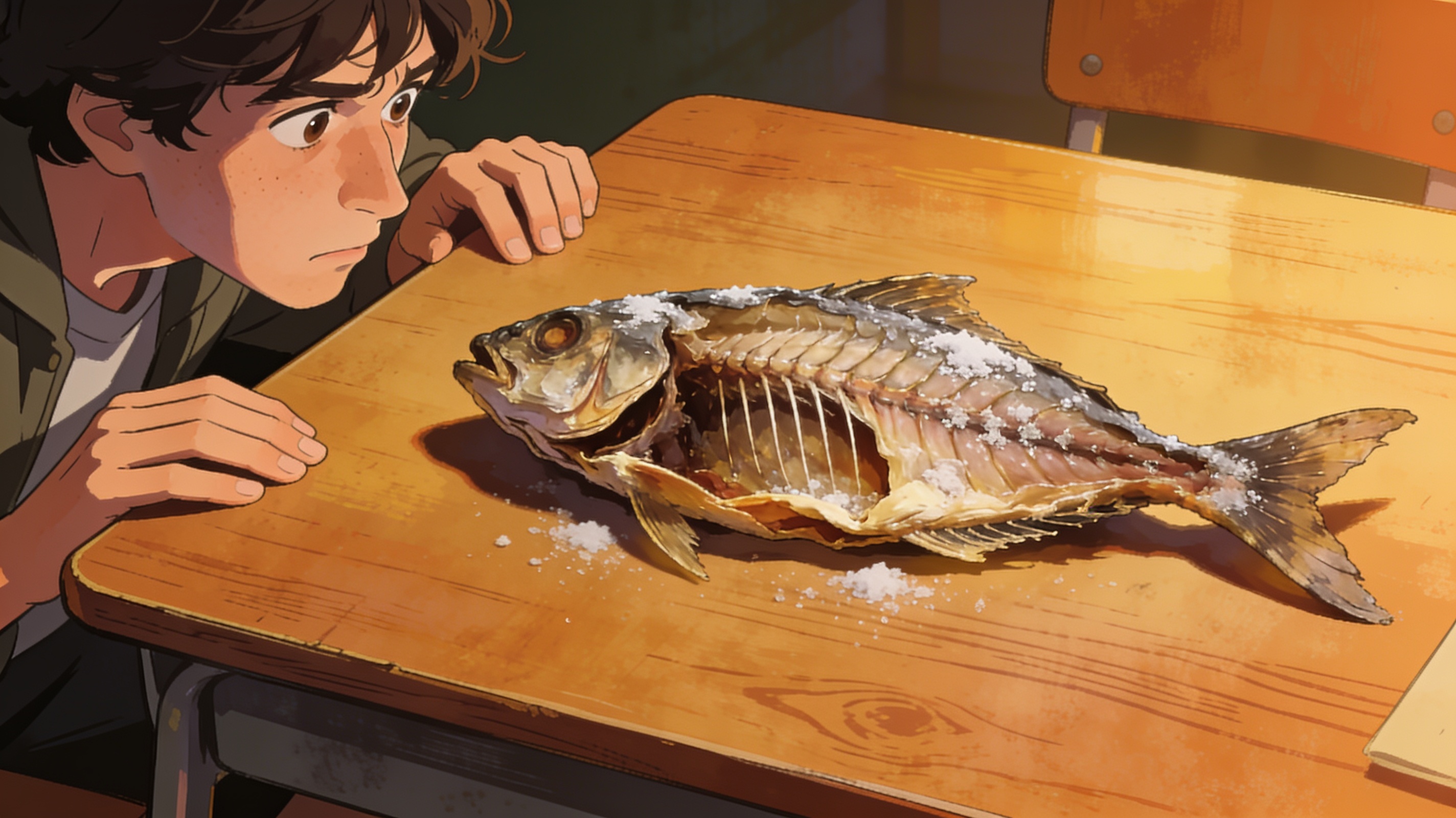 A dried salted fish placed comically on a desk next to a person staring at it thoughtfully, contemplating their life goals, absurdist humour, cinematic editorial illustration, no text