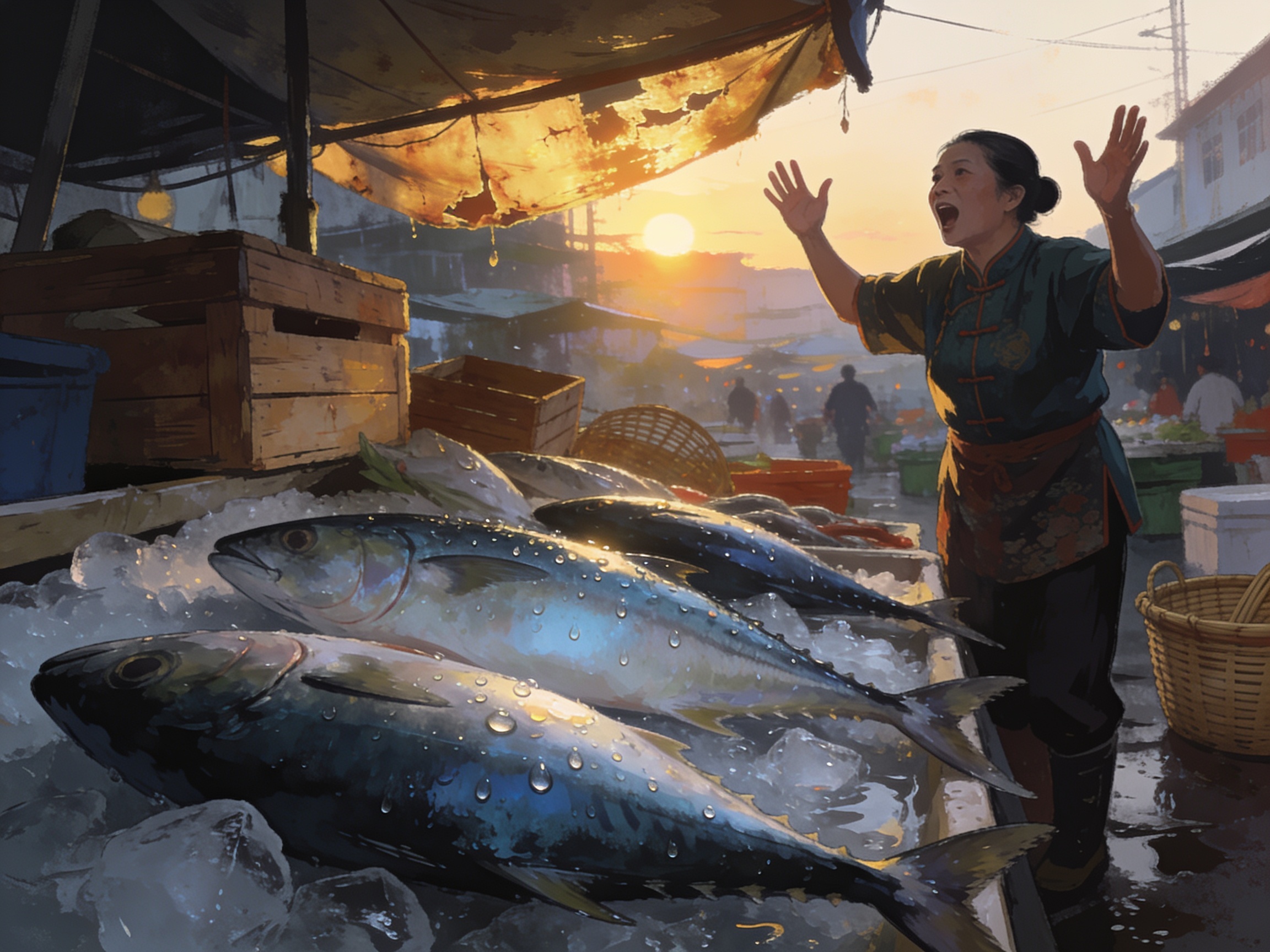 A wet market stall in Kuala Lumpur's Petaling Street at dawn, fresh fish laid on ice, a Cantonese vendor calling out prices, morning sun filtering through tarps.