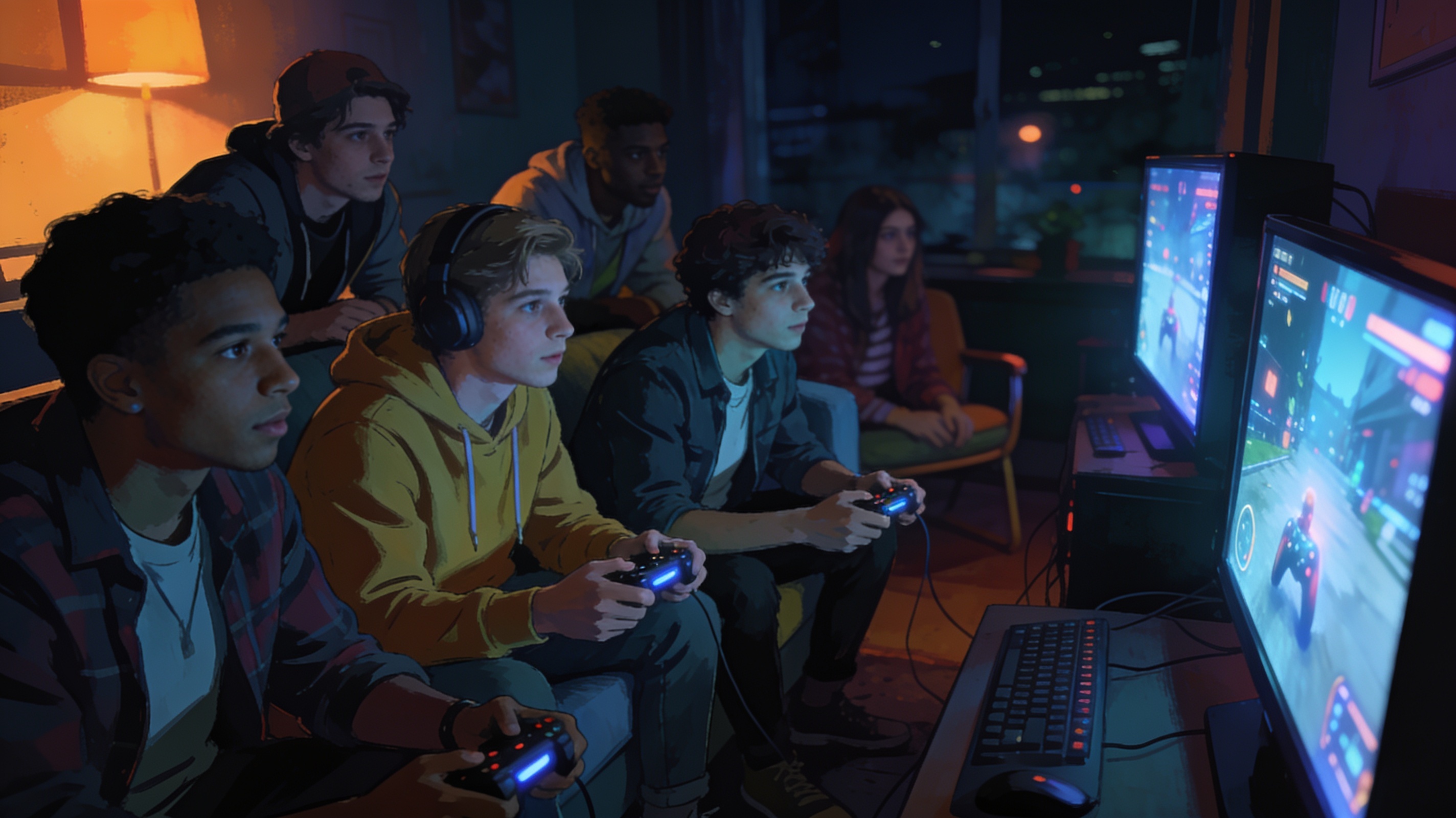 cinematic editorial illustration of a group of friends intensely focused on a late-night online multiplayer gaming session, glowing screens, no text